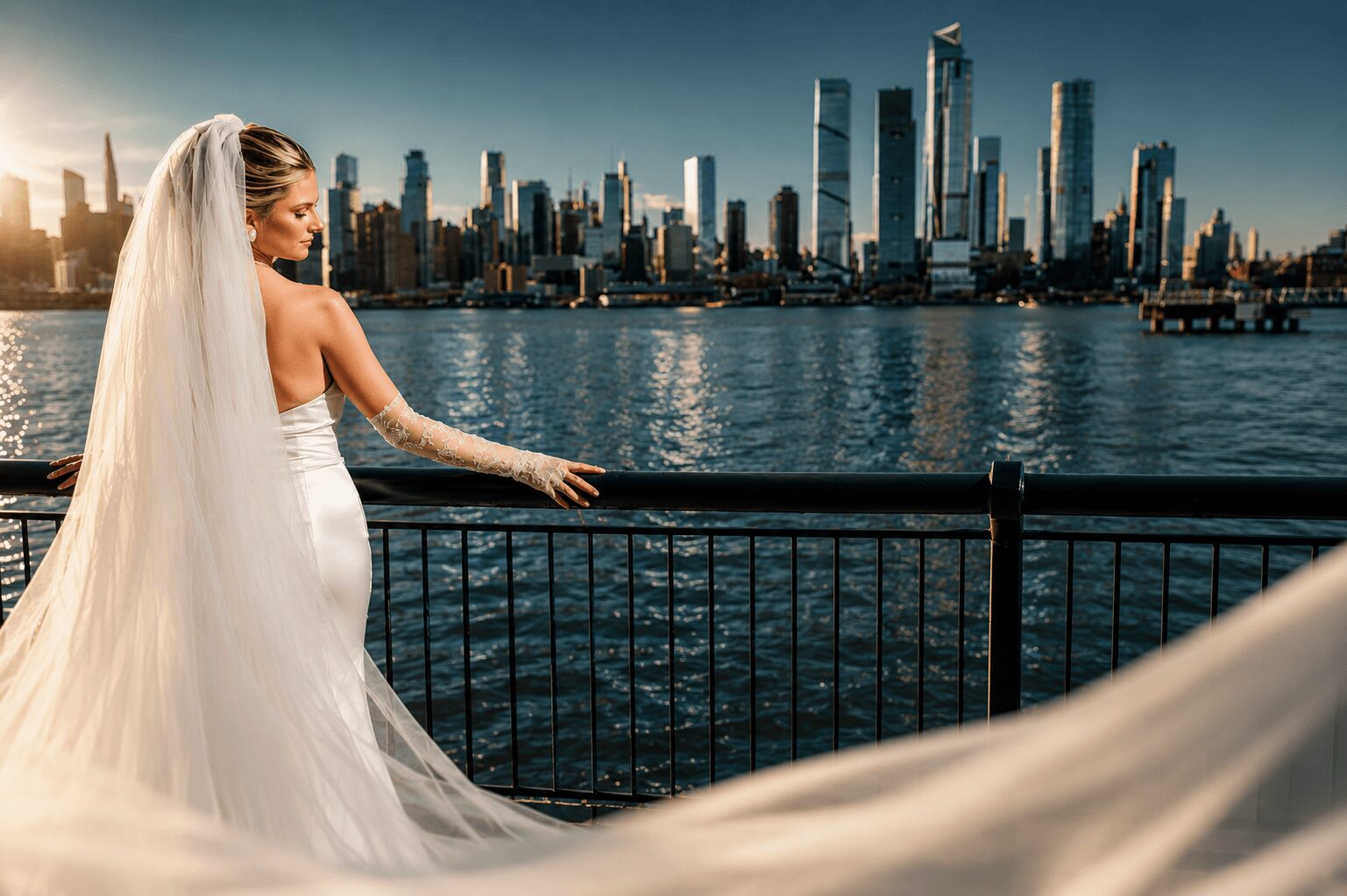 Bride in wedding dress and veil stands by railing overlooking city skyline and water at sunset.