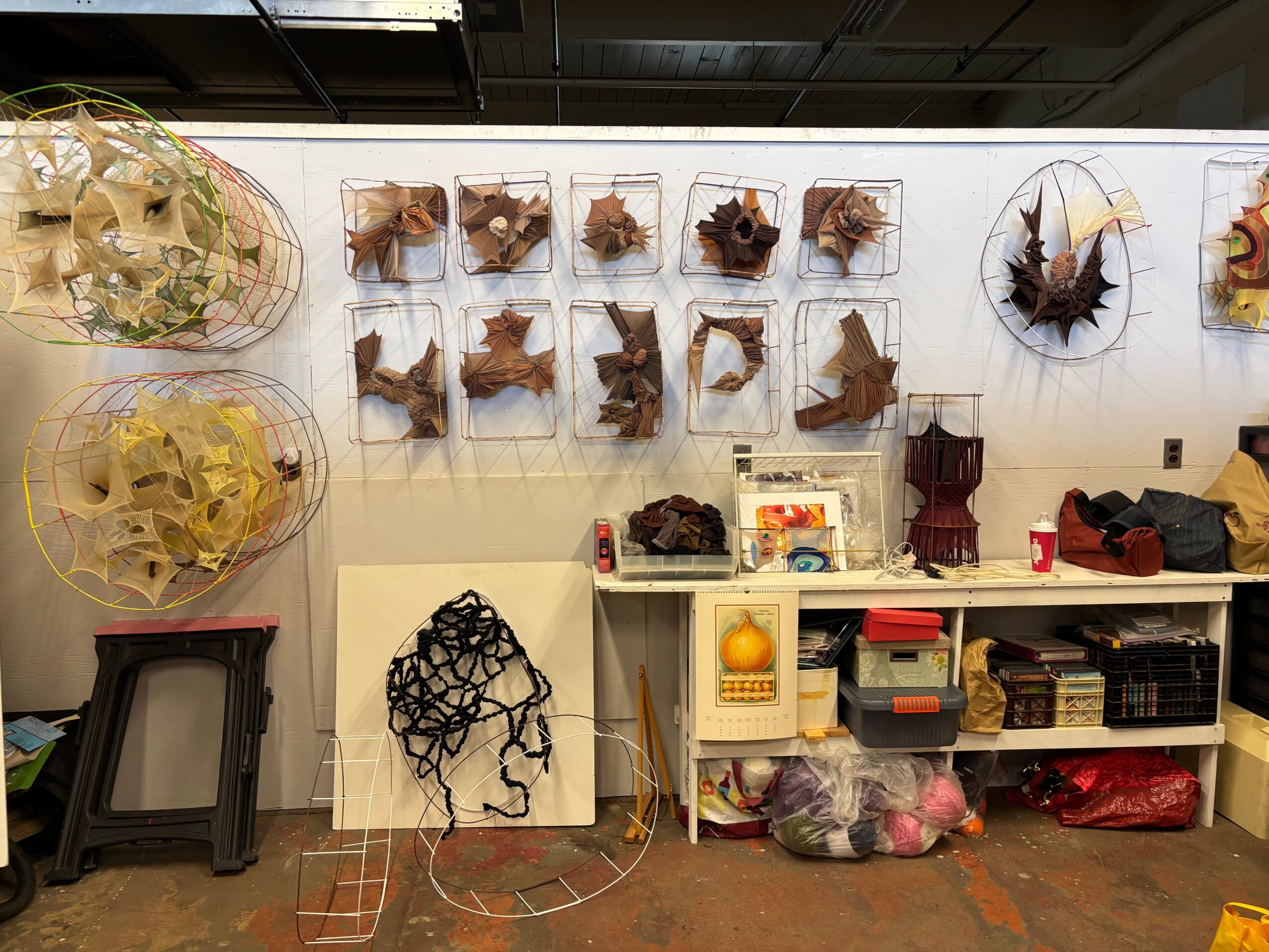 Display of various art pieces and objects on a wall and shelves, including dried leaves, fabric, and decorative items.