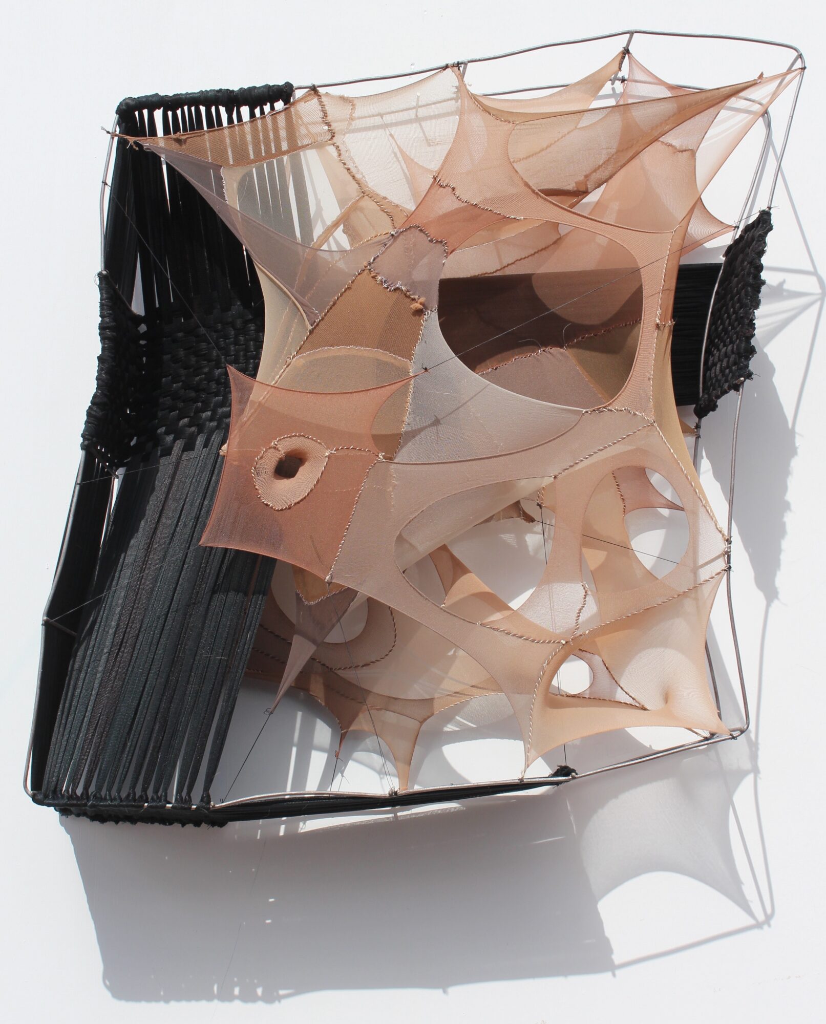 A complex, abstract sculpture with interconnected beige and black elements, casting a shadow on a reflective surface.