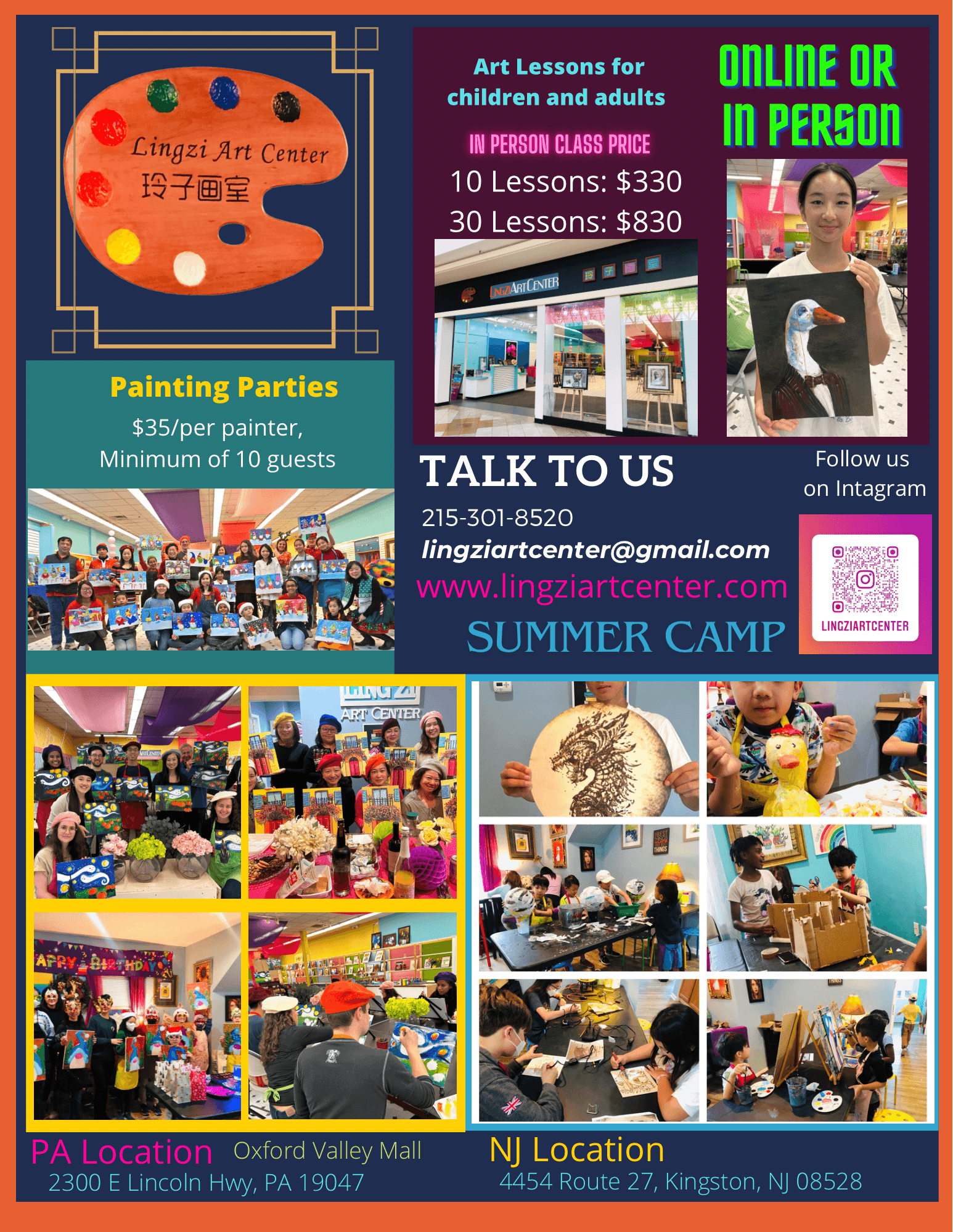 Advertisement with art lessons, painting parties, summer camp, and location details, featuring colorful images of children and activities.