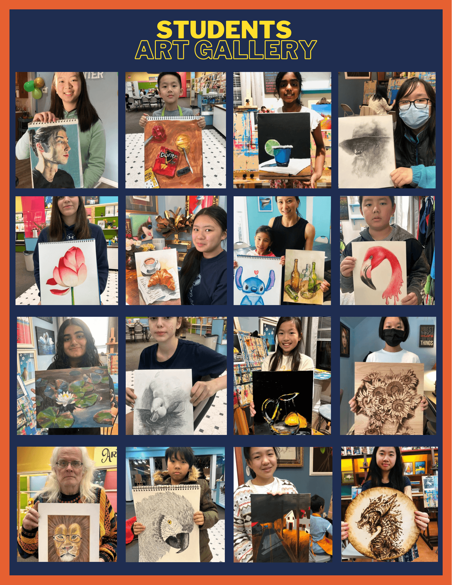 Students display various art projects in a gallery, with colorful backgrounds and diverse artwork, including paintings and drawings.
