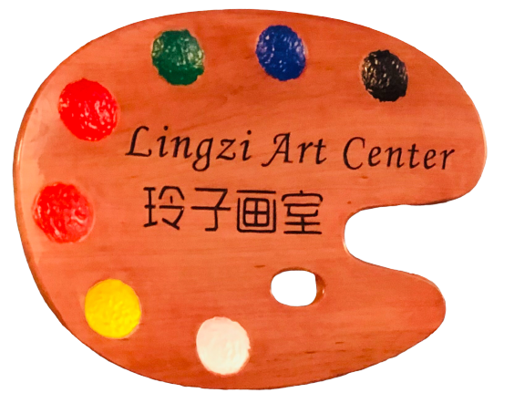 Wooden artist palette with colorful paint blobs and text in English and Chinese, on a black background.