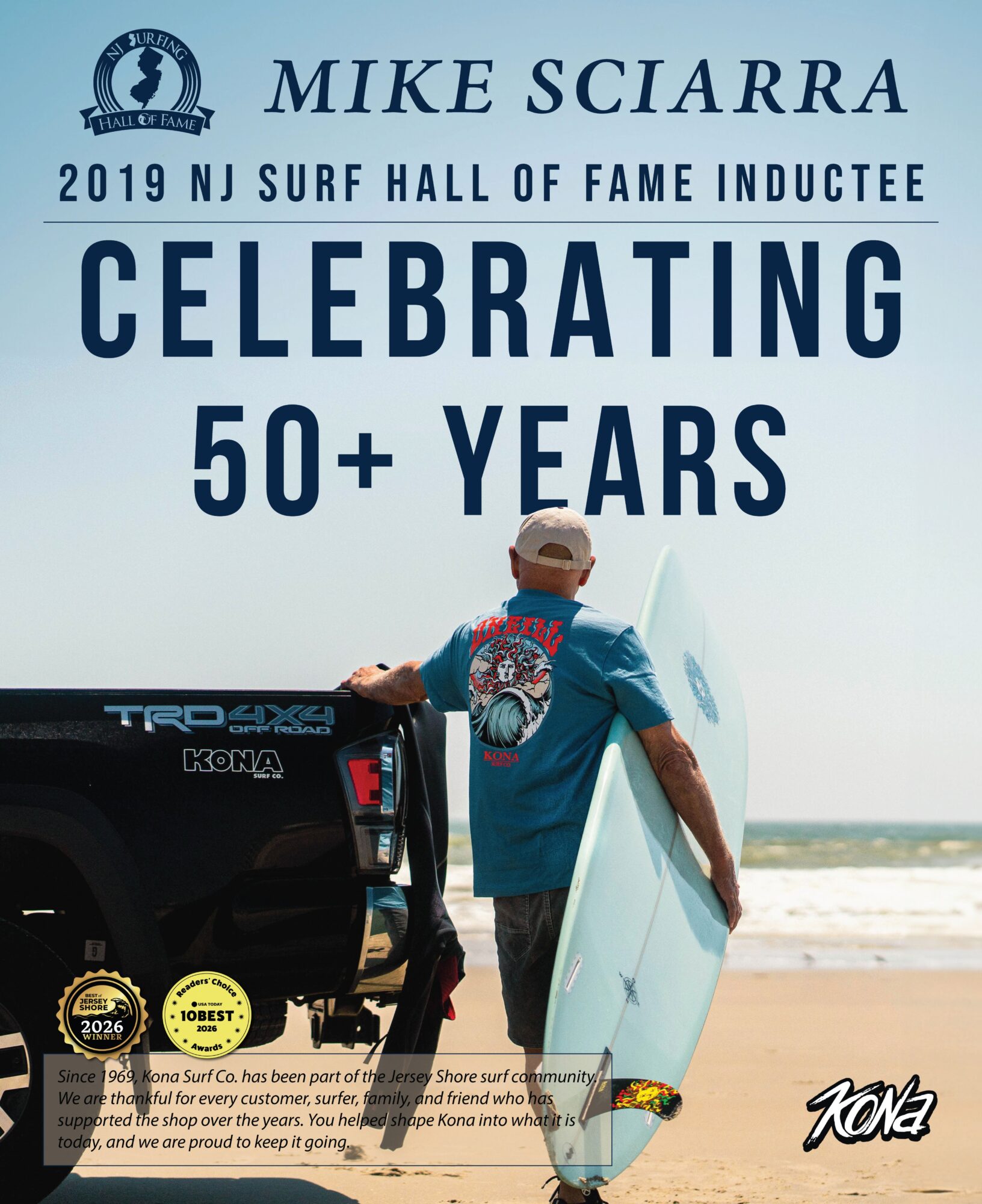 Person holding a surfboard on a beach, facing the ocean, with a vehicle nearby, celebrating over 50 years of surfing achievements.