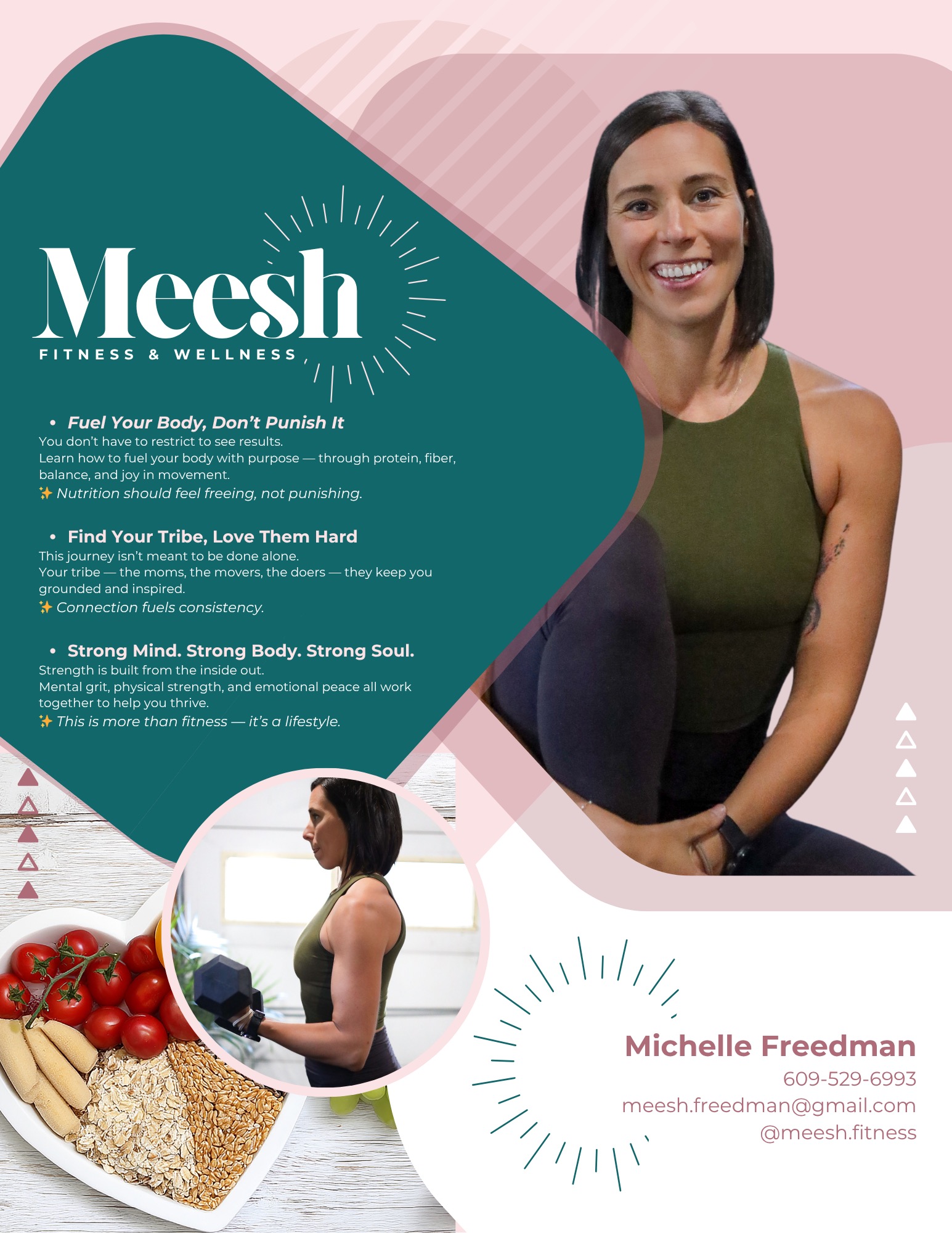 Woman smiling, wearing workout clothes, standing indoors with a pink background. Text about fitness and wellness, contact details at bottom.