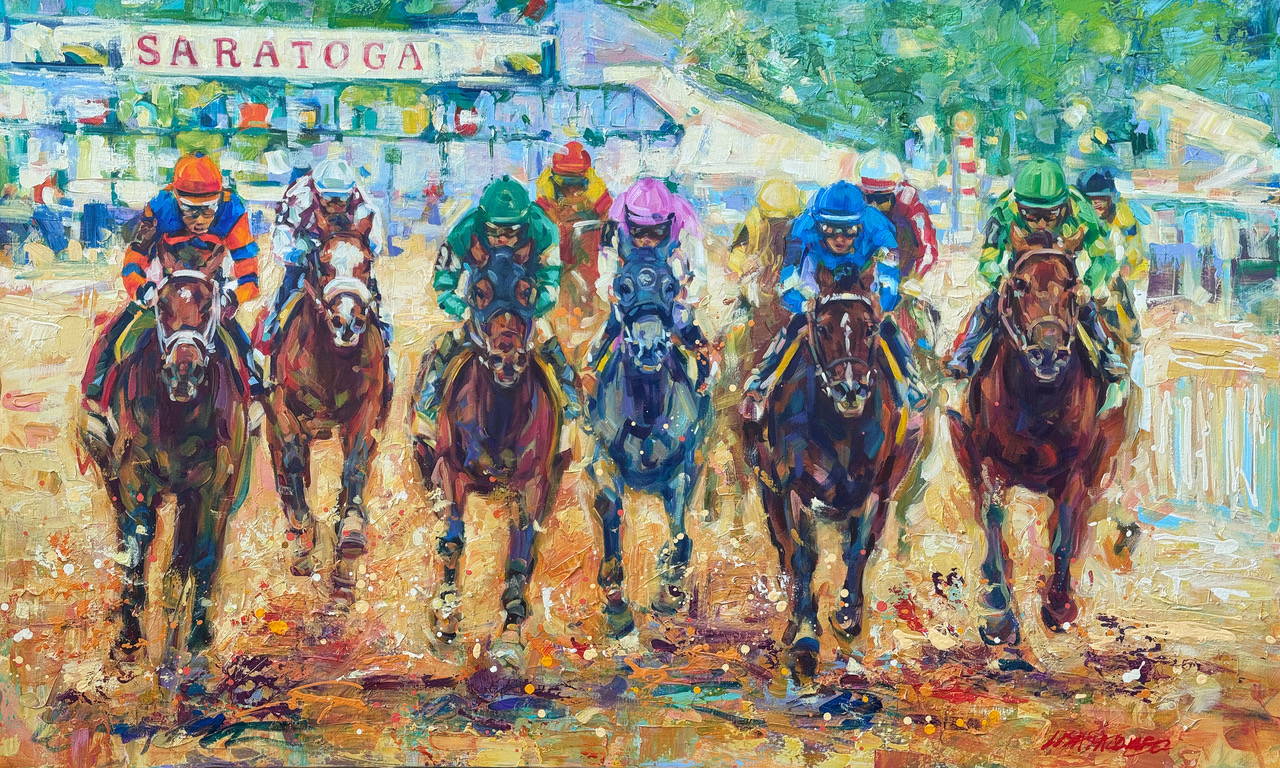 Six racehorses with jockeys race on a dirt track, with a Saratoga sign in the background, in a colorful painting.