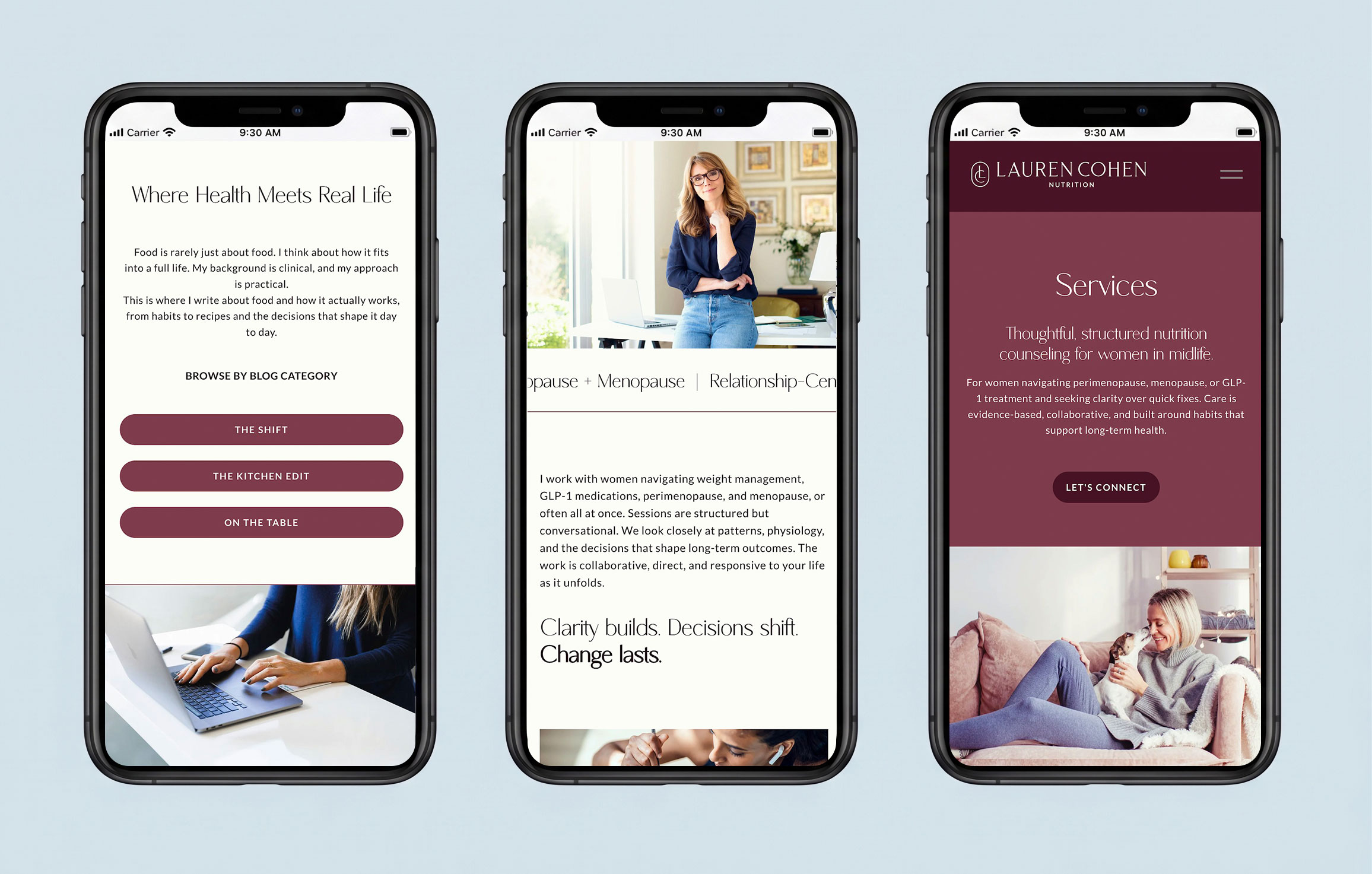 Three smartphones displaying different health and service apps, with text and images on each screen.