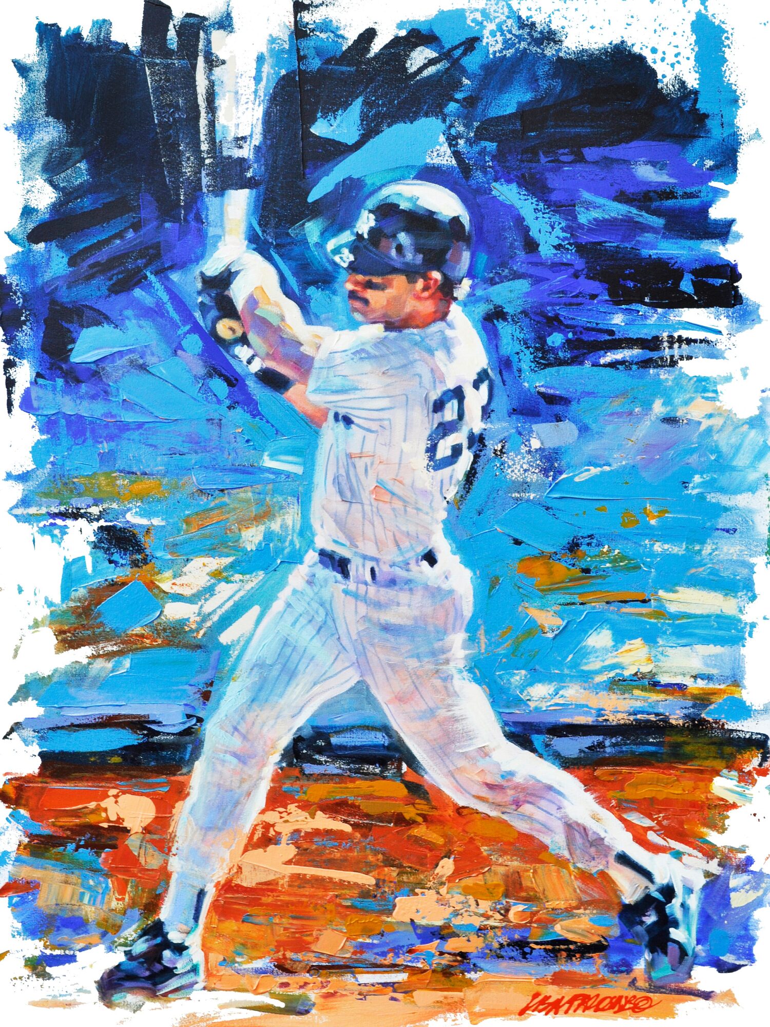 Baseball player in uniform swings bat, background with blue and orange abstract strokes, player wearing helmet and jersey number 22.