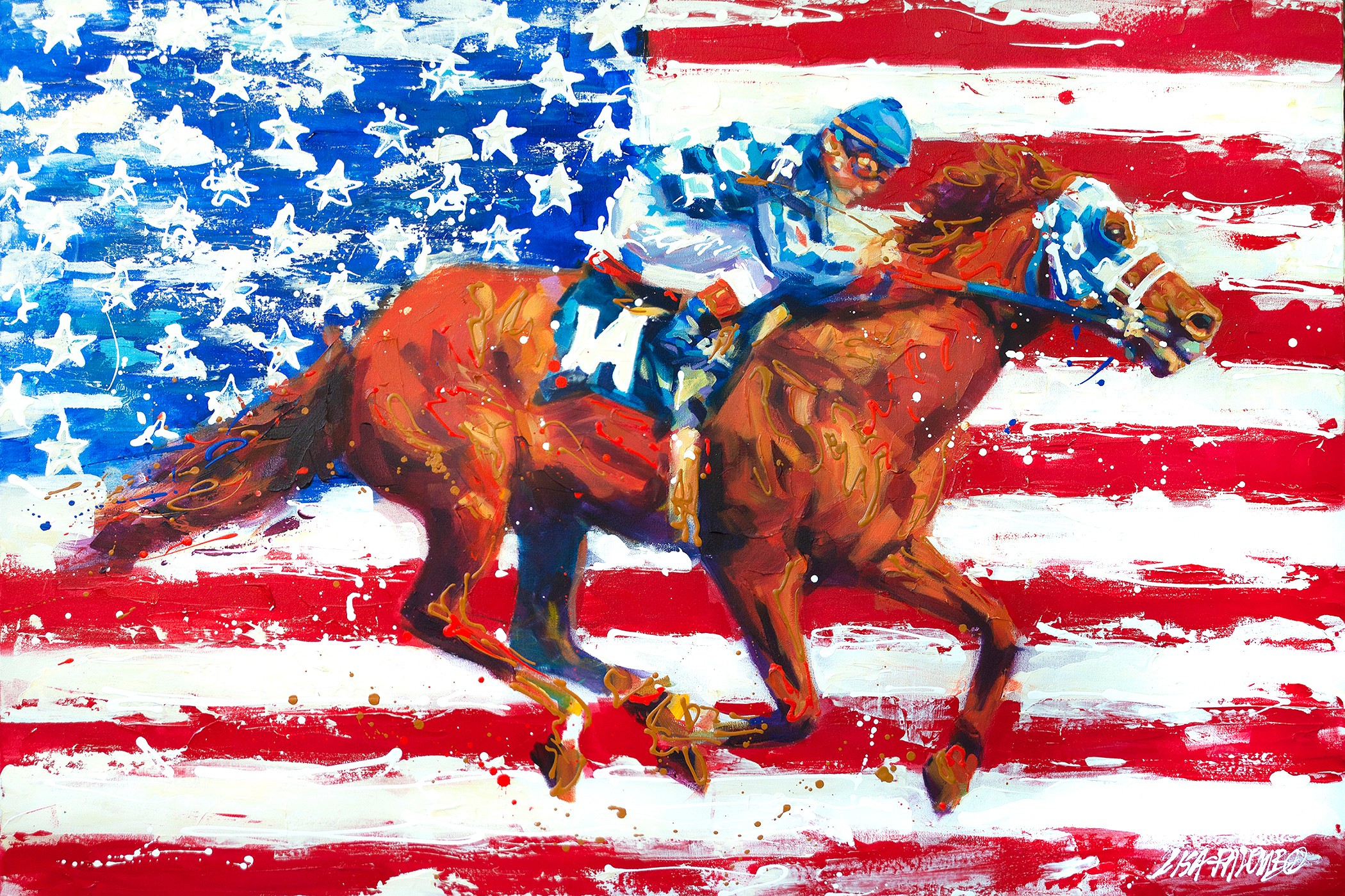 A jockey riding a horse in front of an American flag background, with red and white stripes and white stars on blue.