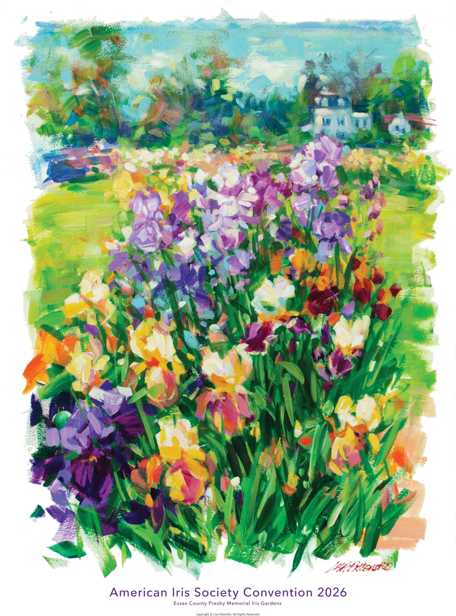 Colorful garden with purple, yellow, and red flowers, a house in the background, and a blue sky.