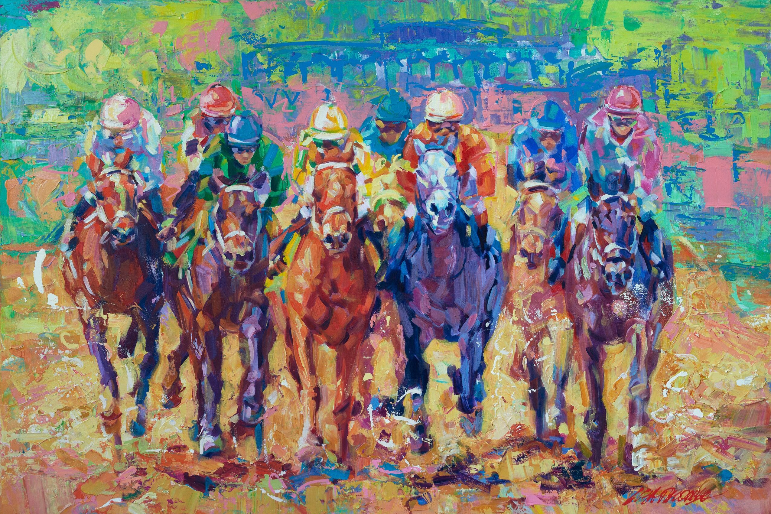 Group of nine jockeys riding horses on a colorful racetrack, with trees in the background, in an impressionist style.