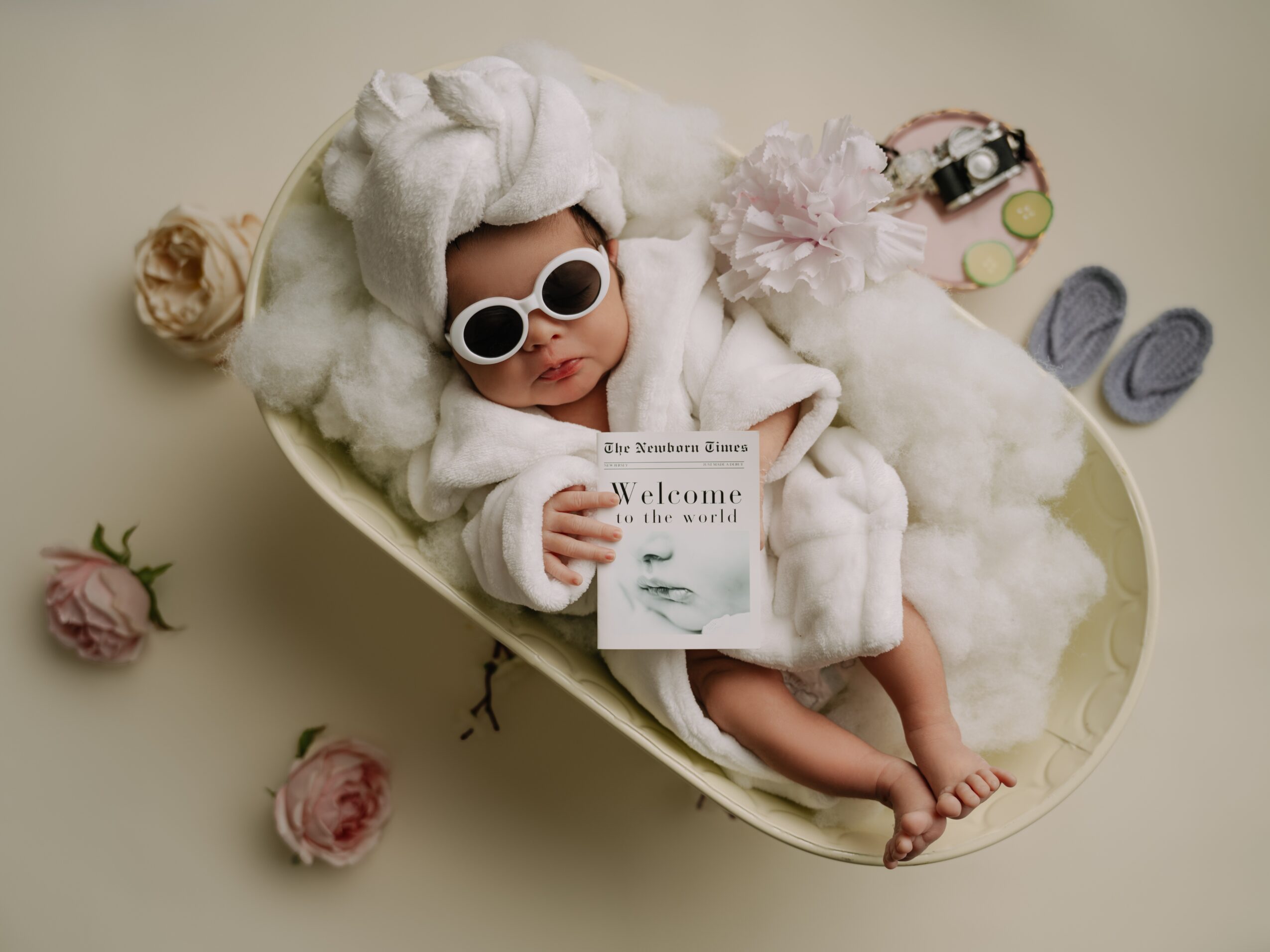 Baby dressed as a sheep with sunglasses, lying in a cozy bed, holding a card, surrounded by flowers and toys.