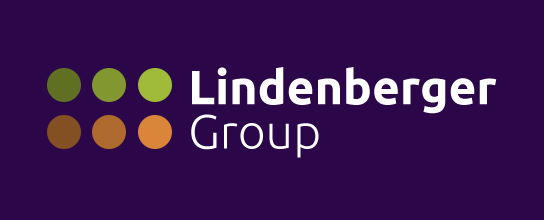 Lindenberger Group logo with purple background and six colored circles, text in white