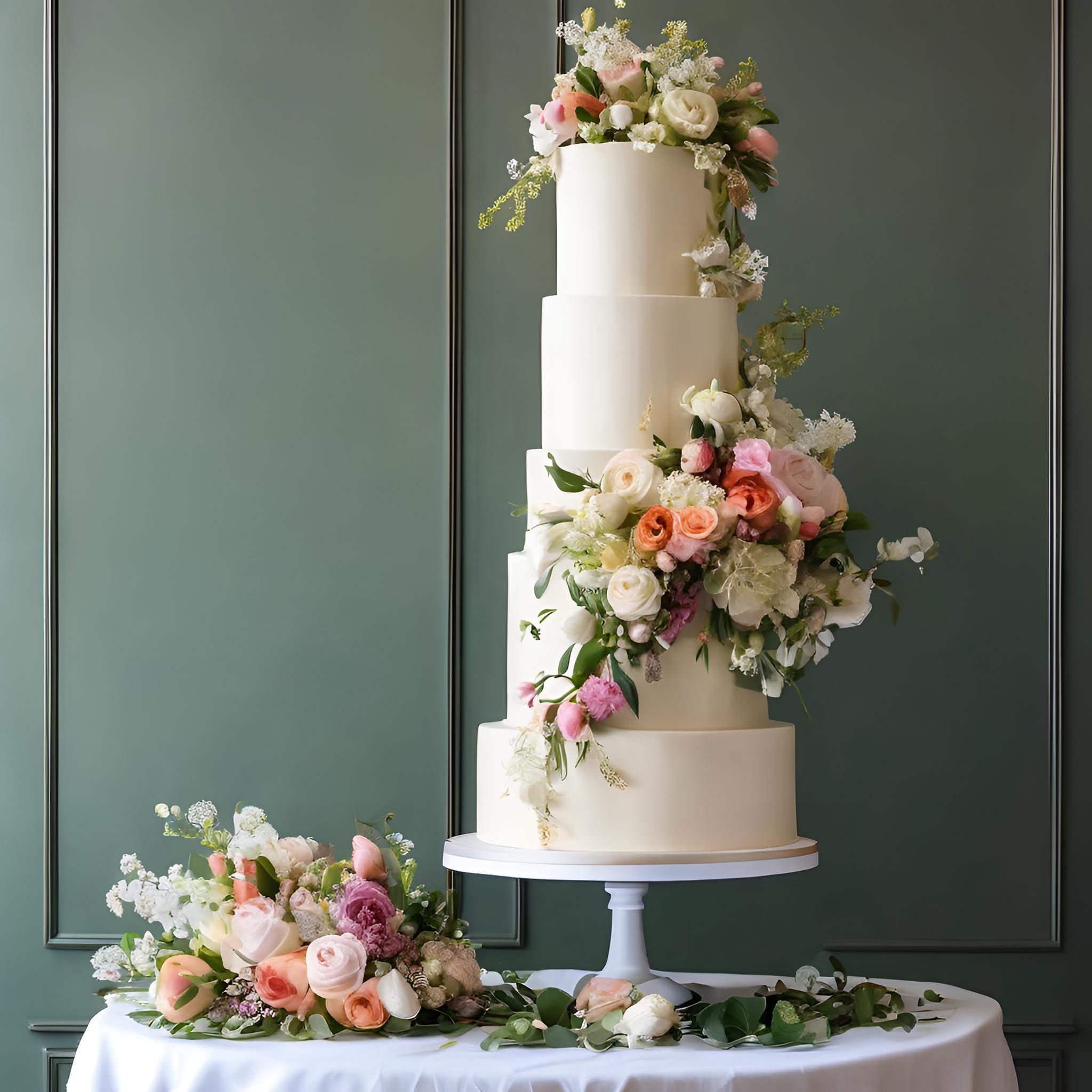 Four-tiered white wedding cake decorated with pink and white flowers, with floral arrangements on a table and behind the cake.