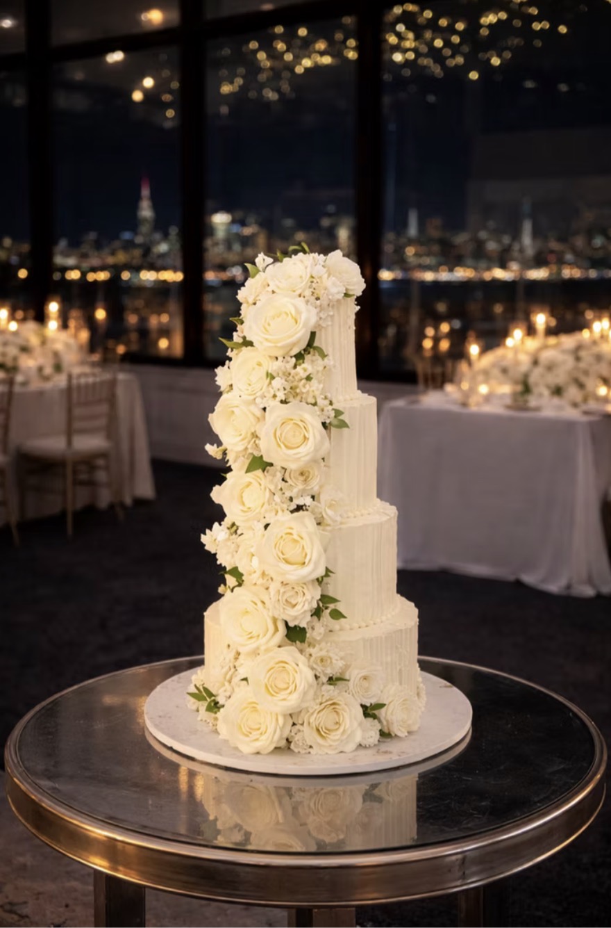 Tall wedding cake decorated with white roses and greenery, displayed on a round table with a cityscape view at night.