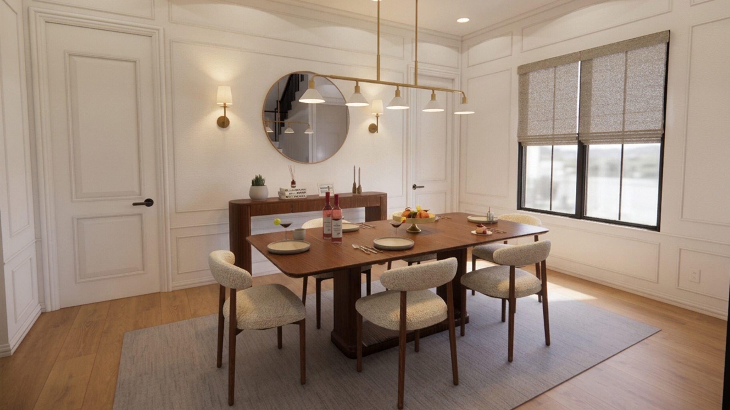 Dining room with a wooden table, six chairs, a mirror, and a window with blinds, decorated in neutral tones.