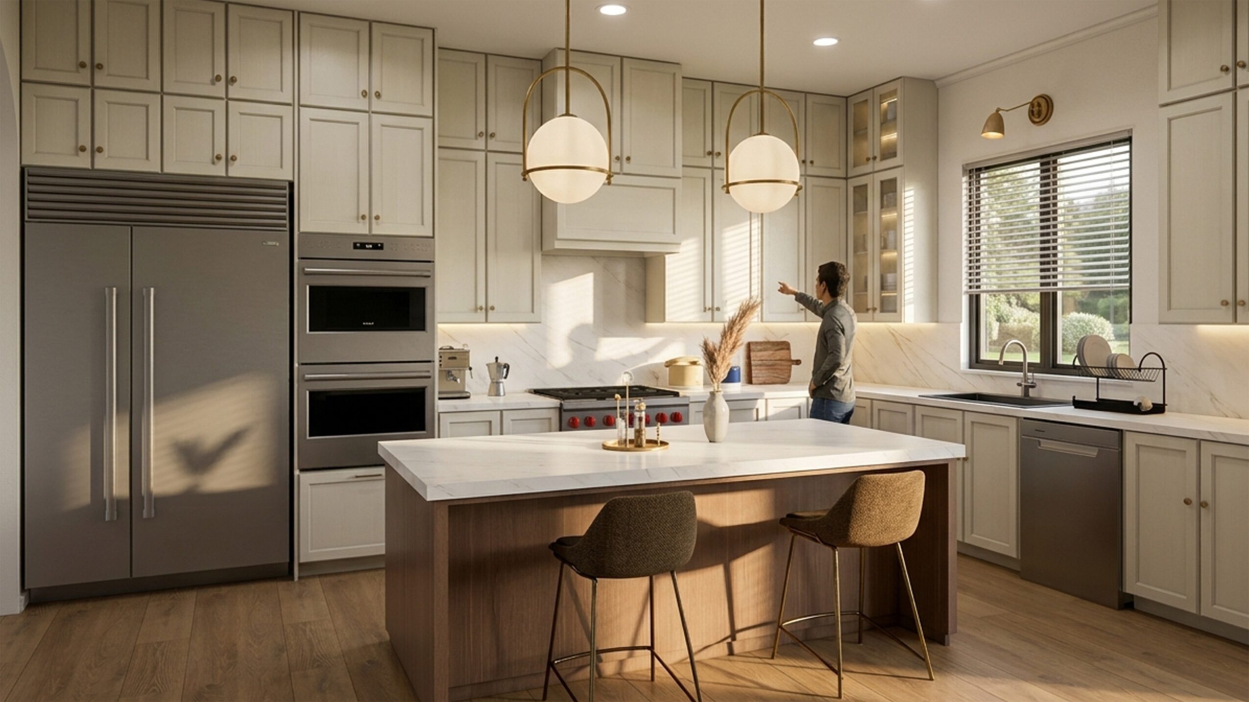 Modern kitchen with white cabinets, large island, stainless steel refrigerator, and a person near the window.