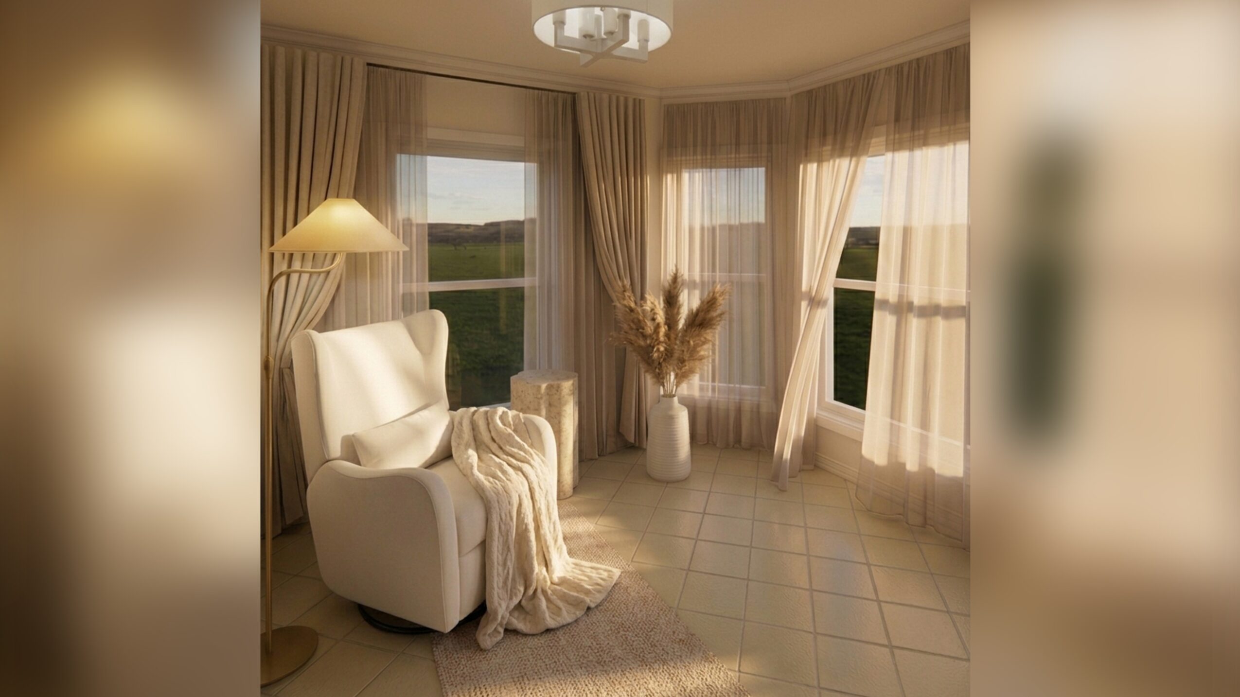 Sunlit room with a white armchair, floor lamp, large window with curtains, and a vase with dried plants.