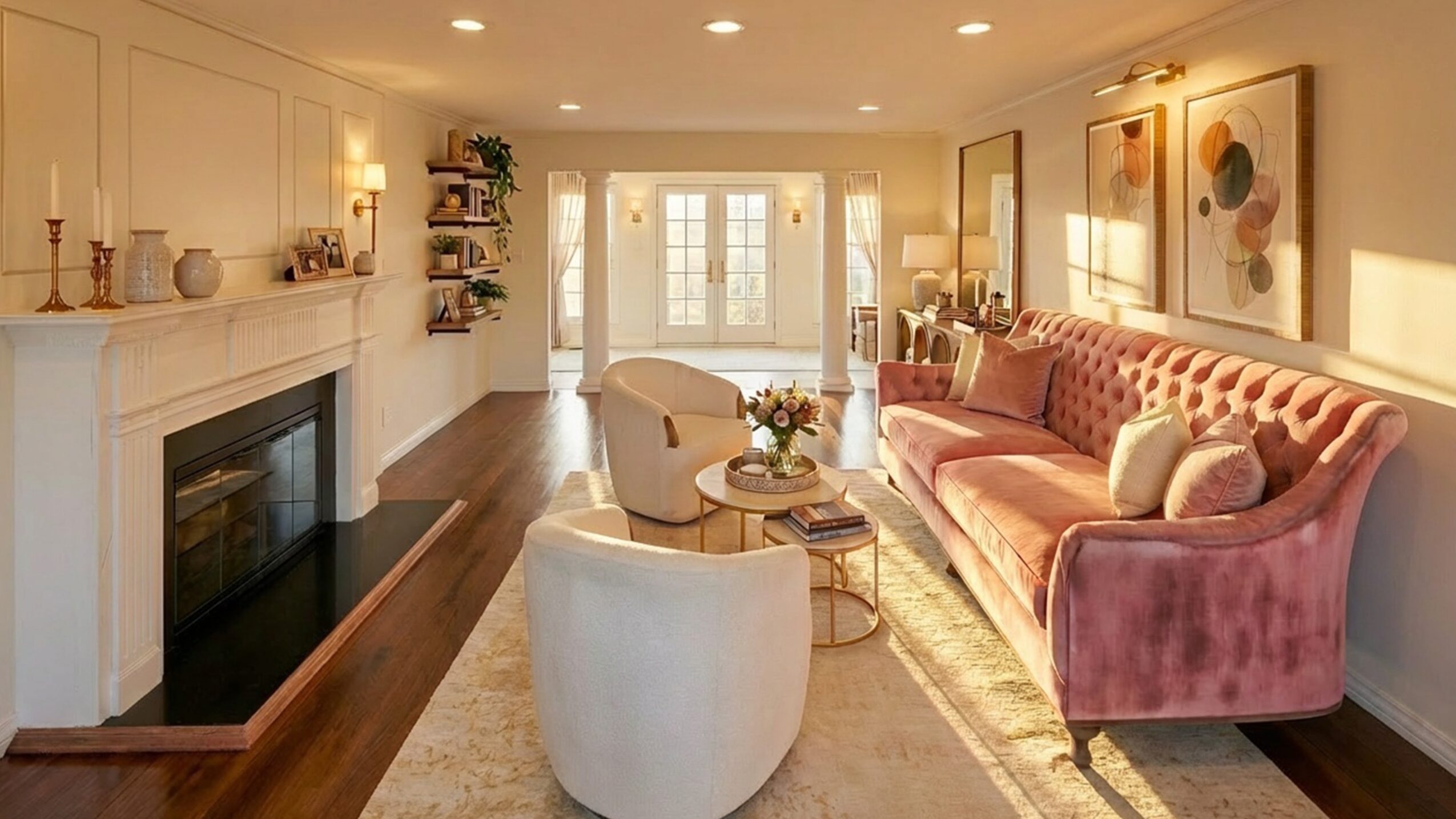 Living room with pink velvet sofa, white armchair, fireplace, and large windows, decorated with artwork and plants.