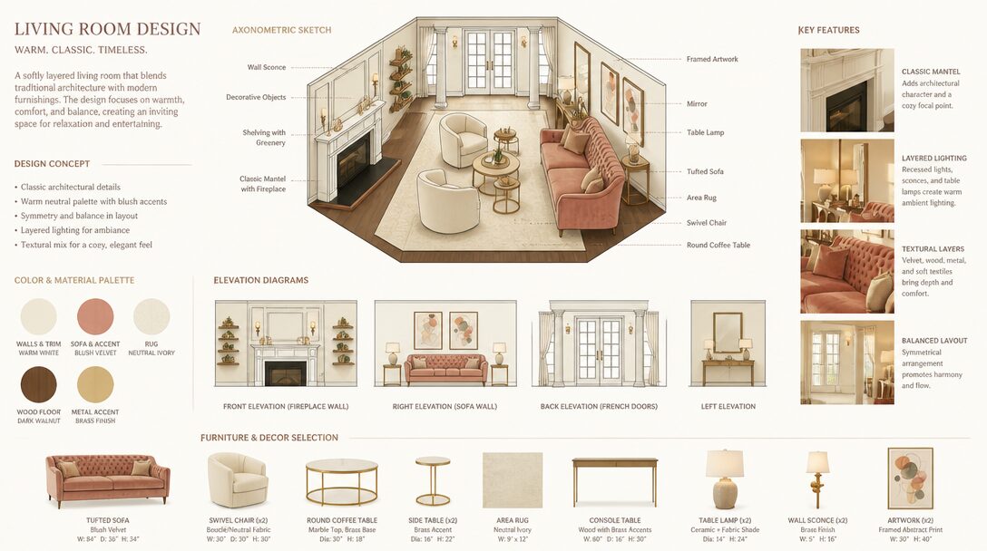 Living room with pink sofa, armchair, coffee table, and large windows, decorated in neutral tones with artwork and accessories.