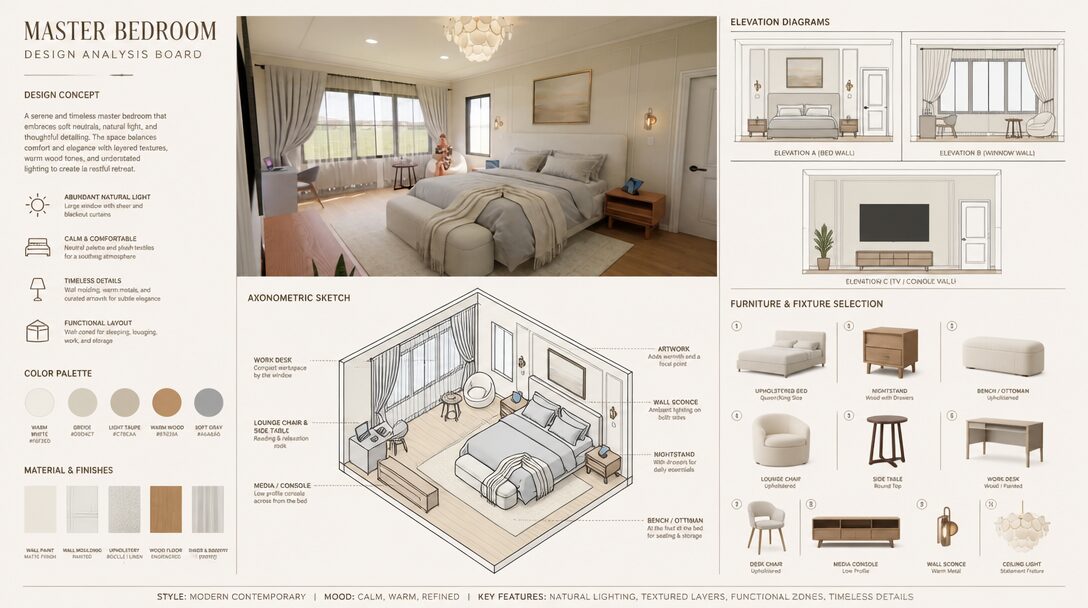 Design plan for master bedroom with a large bed, window view, and furniture layout, including sketches and furniture options.