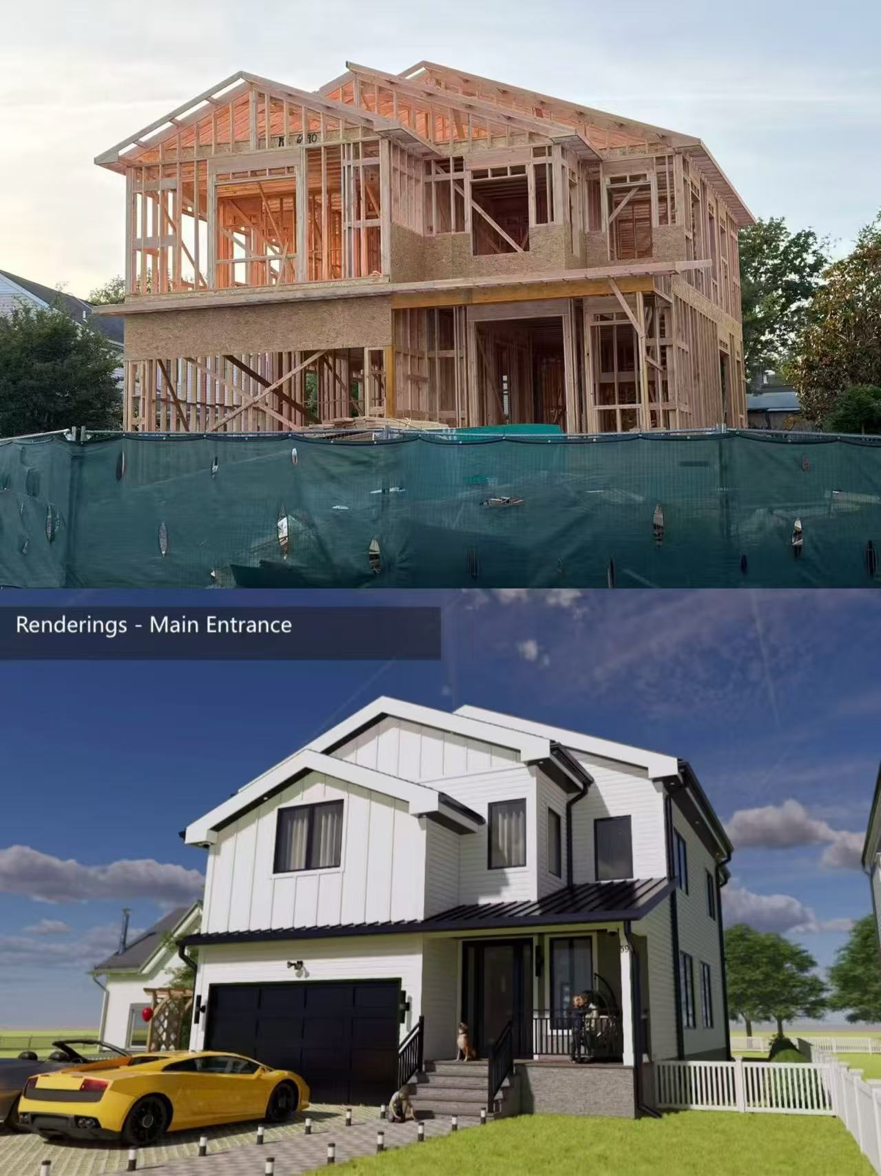 Under-construction wooden house frame above a finished modern house with a yellow car parked outside.