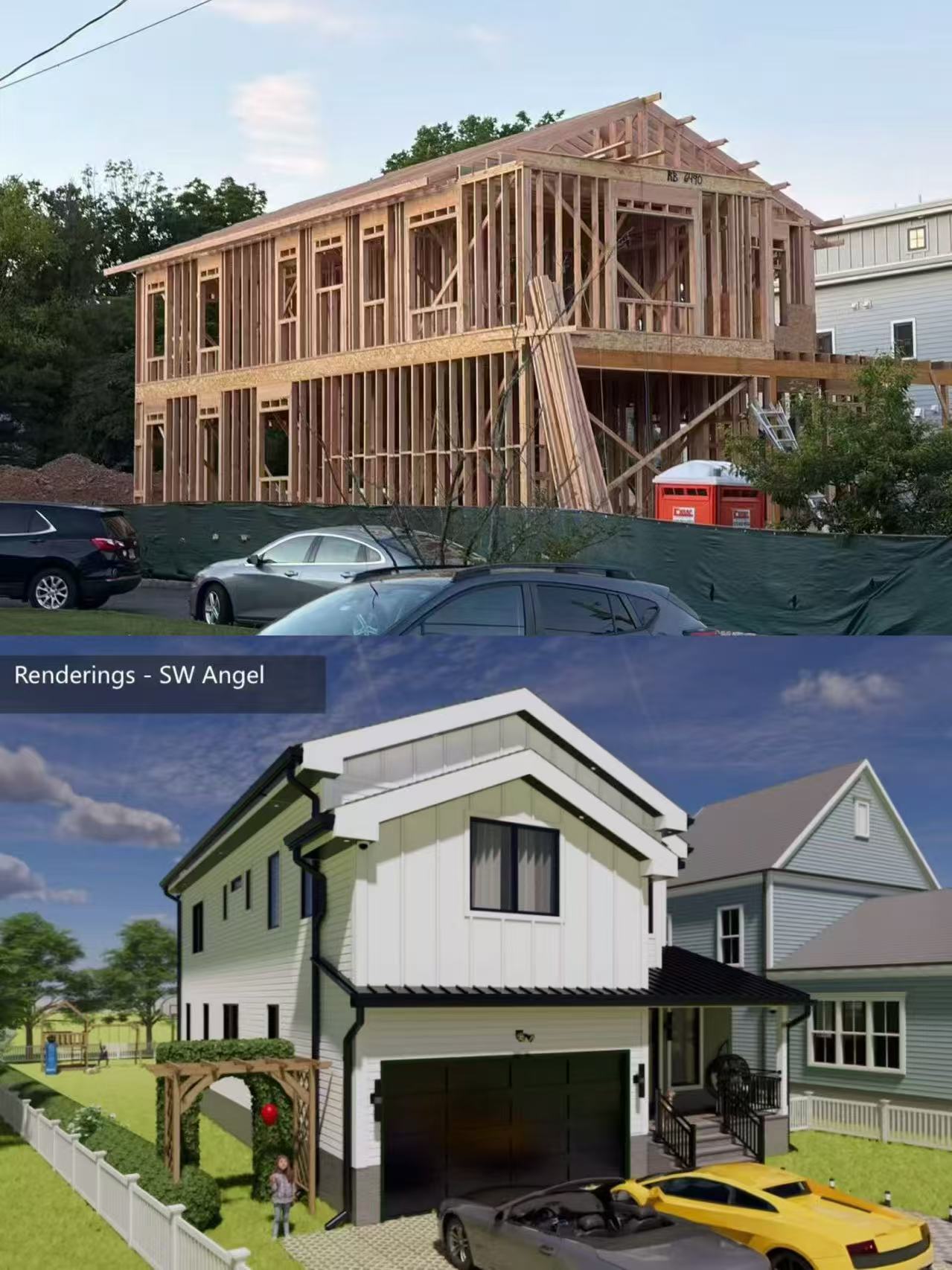 Two-story house under construction with wooden framing, surrounded by trees and parked cars, and a finished white house with a yellow car outside.