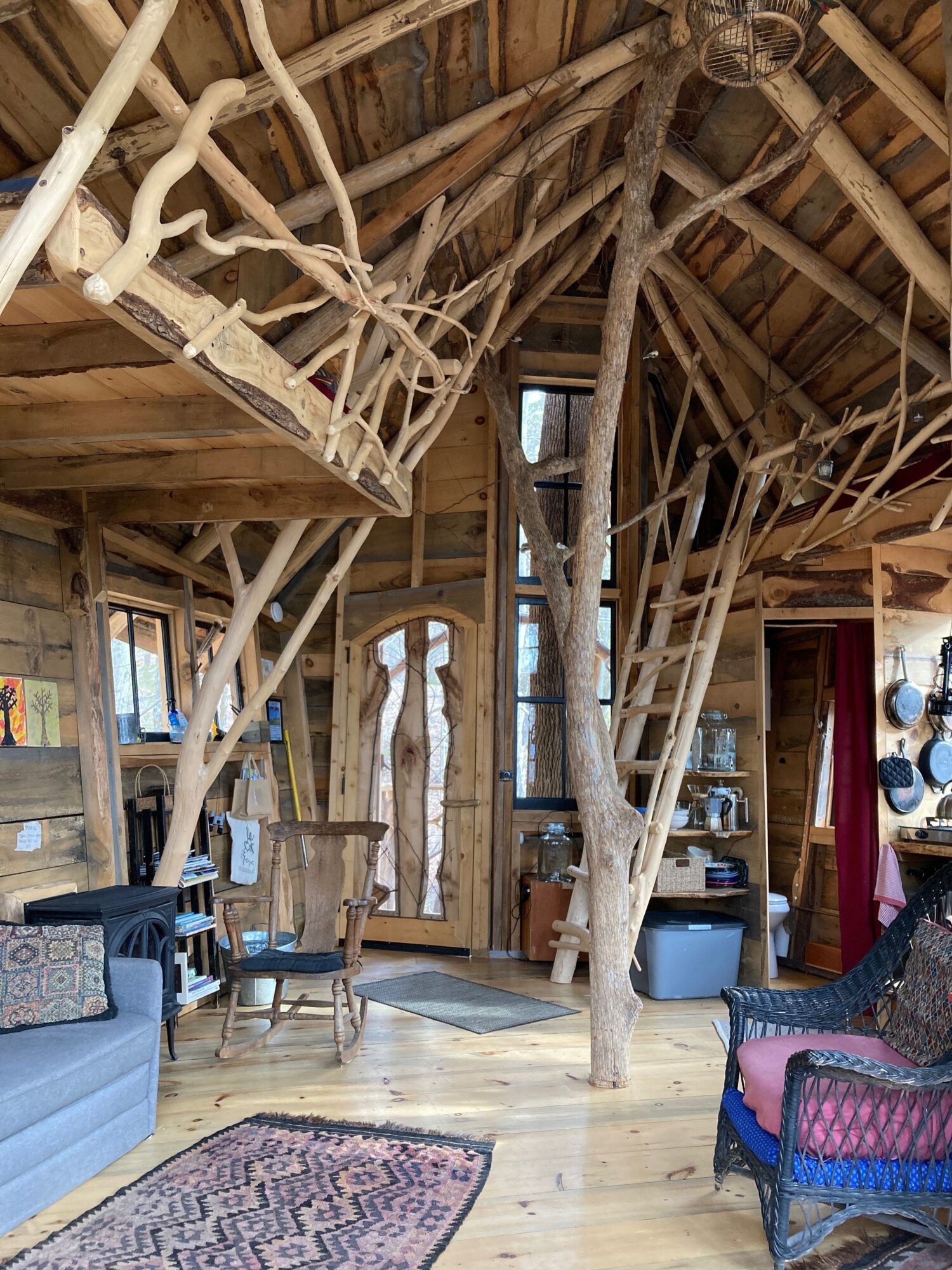Interior of a treehouse with wooden walls, branches, and furniture, including a chair and a rug on the floor.