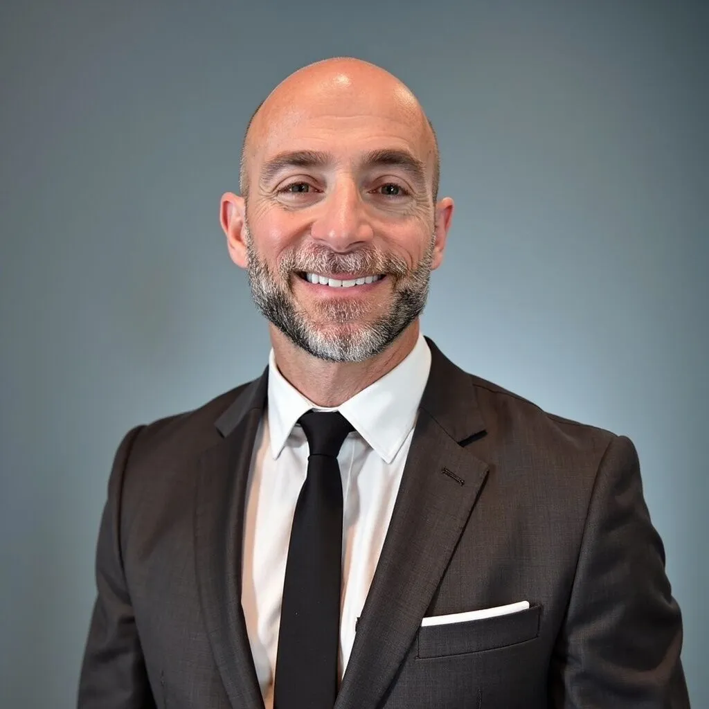 A smiling man in a suit and tie, with a bald head and beard, against a plain background.