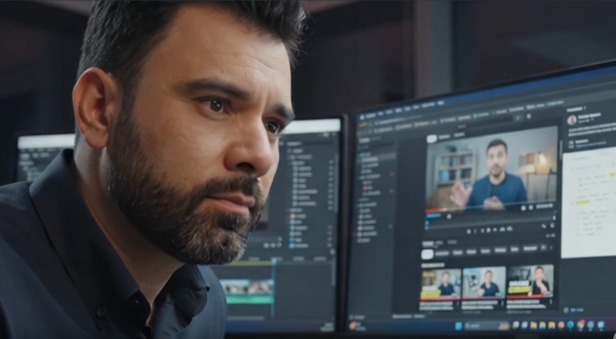 Man with dark hair and beard working on video editing software on two monitors.