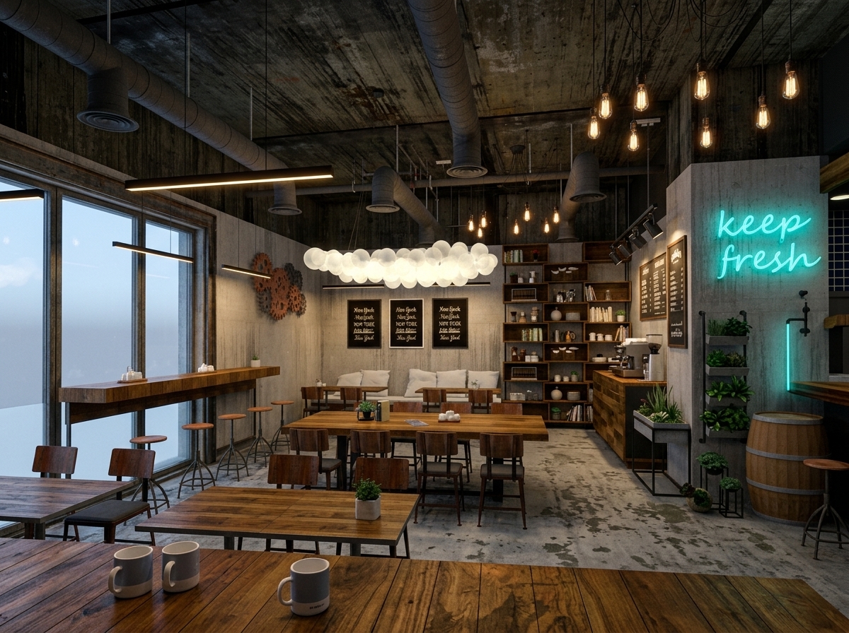 Cozy cafe interior with wooden tables, chairs, large windows, and warm lighting, including hanging bulbs and a cloud-shaped light fixture.