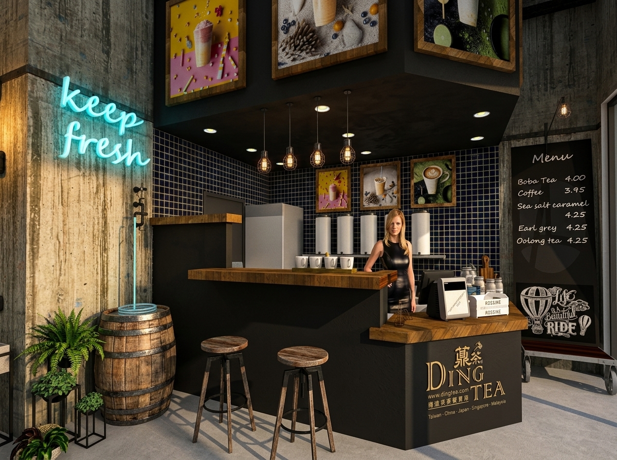 Tea shop counter with a barista, menu board, neon sign, and decorative artwork, with stools and plants nearby.