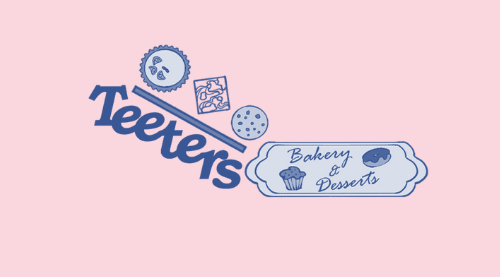 Logo with the word 'Teeters' and a sign reading 'Bakery & Desserts' on a pink background.