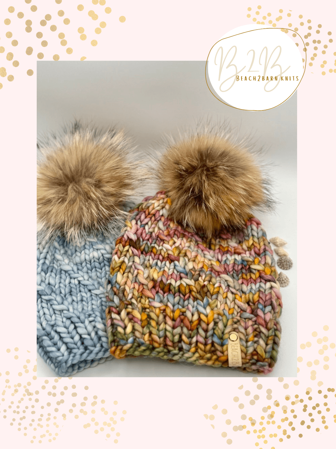 Two knitted winter hats with large fur pom-poms, one in blue and the other multicolored, on a light background.