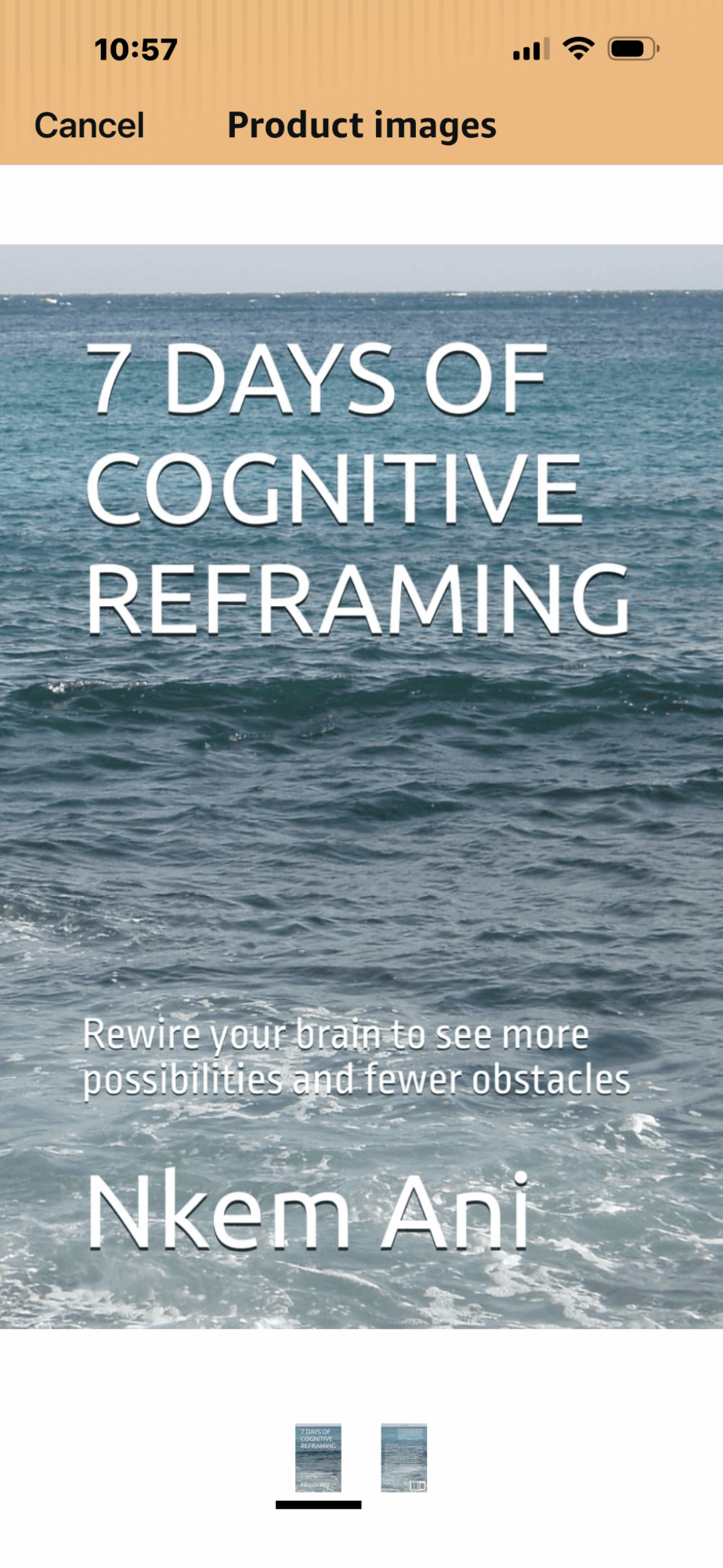 Book cover with ocean waves and title '7 Days of Cognitive Reframing' by Nkem Ani.