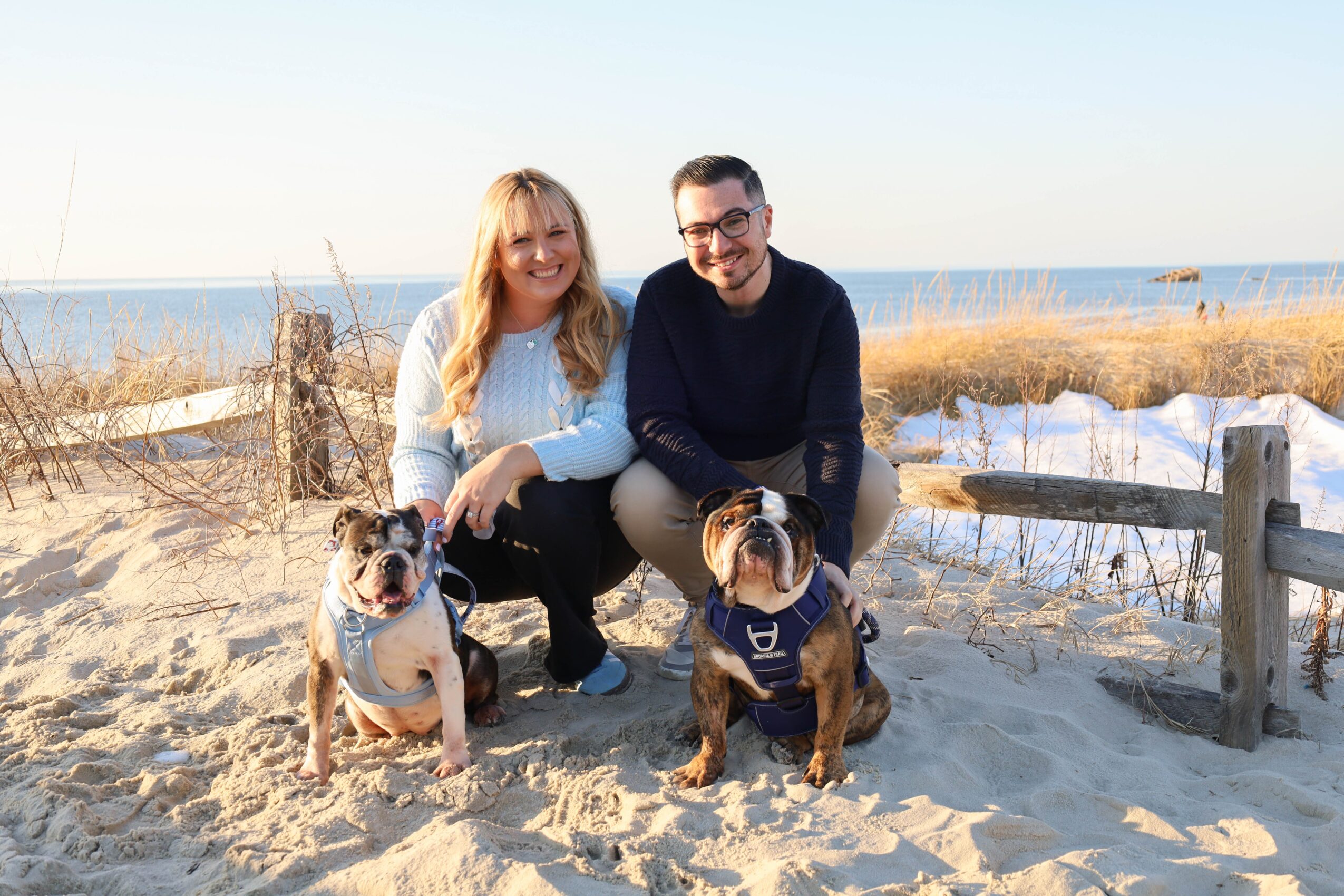 A smiling couple kneels on a sandy beach with two dogs, with the ocean and sky in the background.
