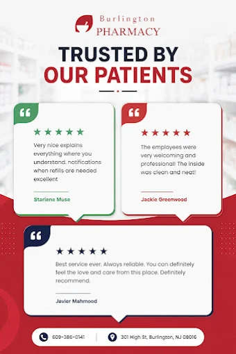 Burlington Pharmacy logo with the message 'Trusted by our patients' and three patient reviews with star ratings.