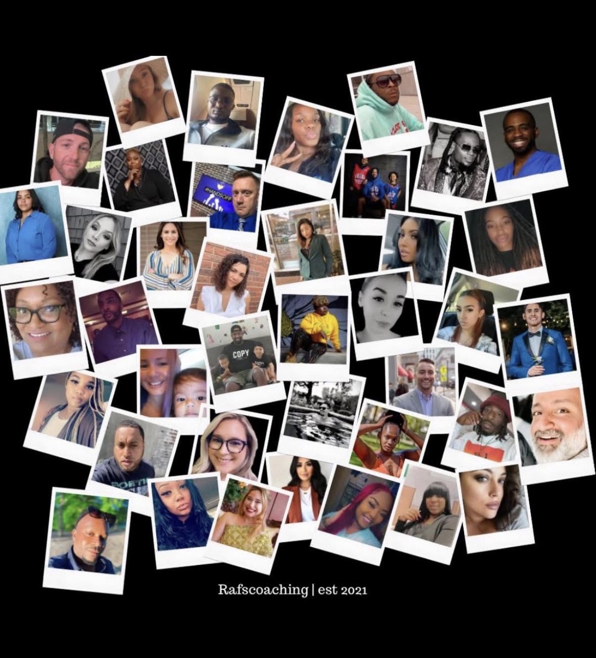 Collage of various individual photos arranged in a scattered pattern on a black background.