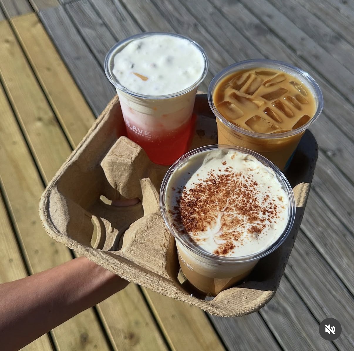 Hand holding a tray with three drinks on a wooden deck, including a red and white beverage, a caramel drink, and a frothy coffee.