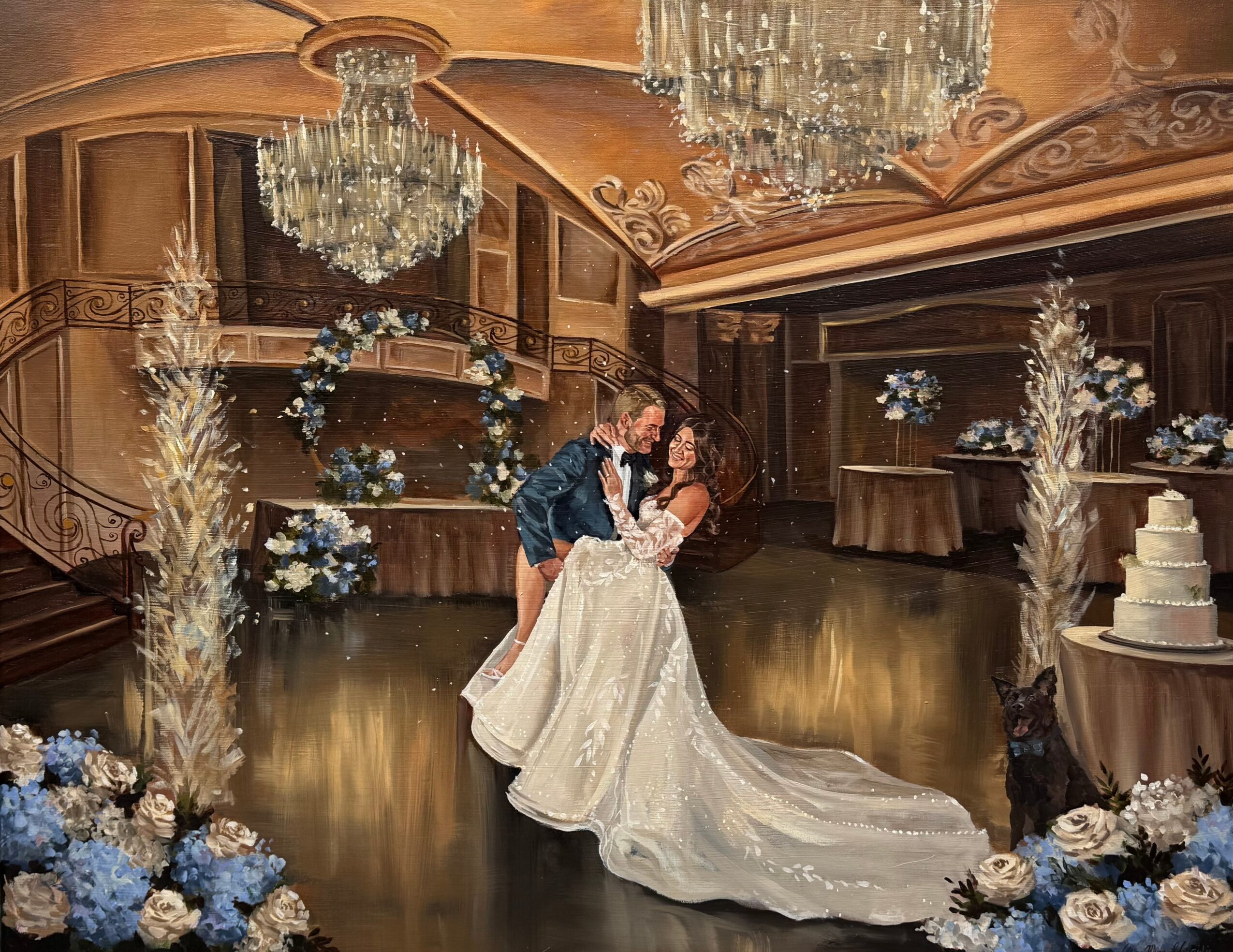 Couple dancing at wedding reception with floral decorations and a cake, in a grand ballroom with chandeliers.