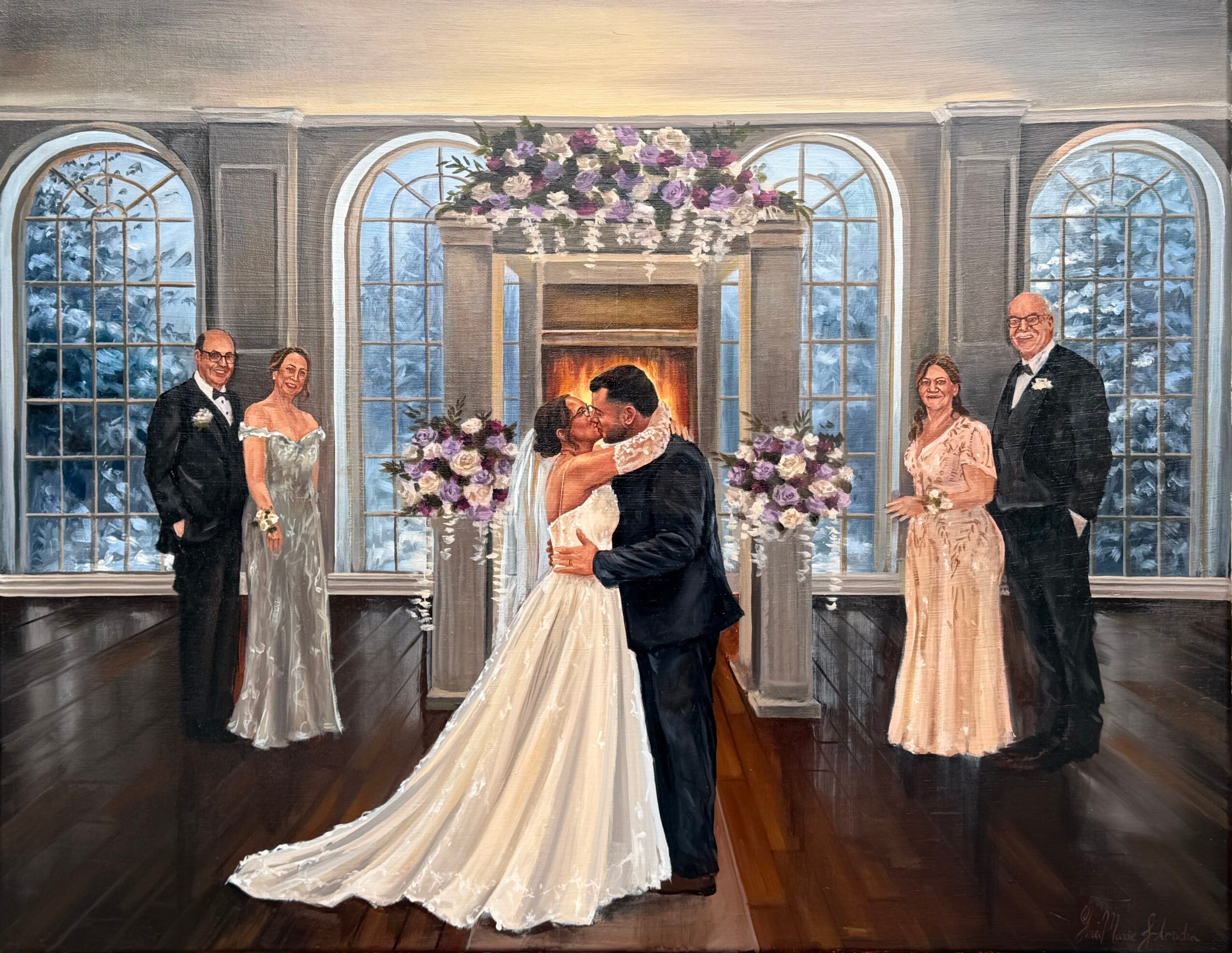 Couple dancing in front of a fireplace with floral arrangements, surrounded by four elegantly dressed people in a decorated room.