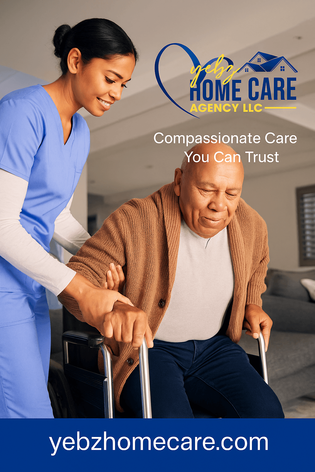 A caregiver assisting an elderly person in a wheelchair indoors, with a logo and website at the top and bottom.