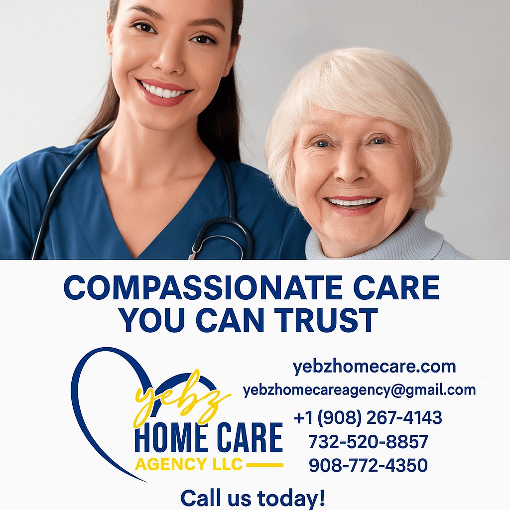 A smiling young nurse with a stethoscope and an elderly woman, both looking at the camera, with text about home care services.