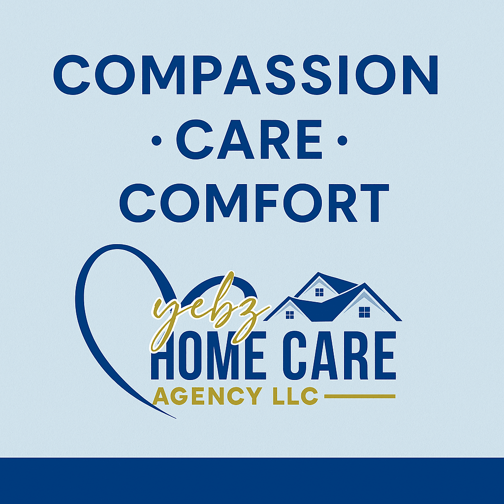 Text with words 'Compassion', 'Care', 'Comfort', and a house illustration, with additional text and a heart shape.
