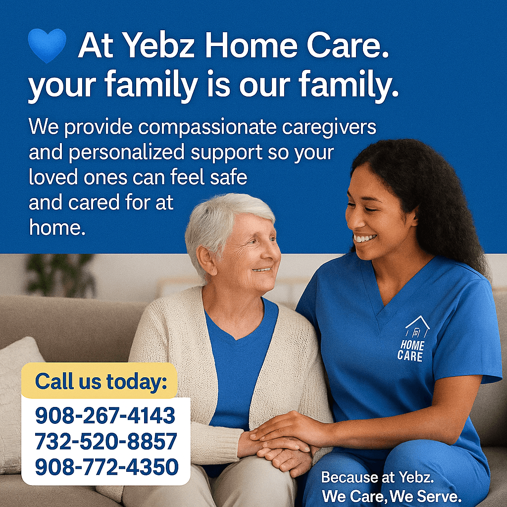 A caregiver and elderly woman smiling, holding hands, with text about home care services and contact numbers.