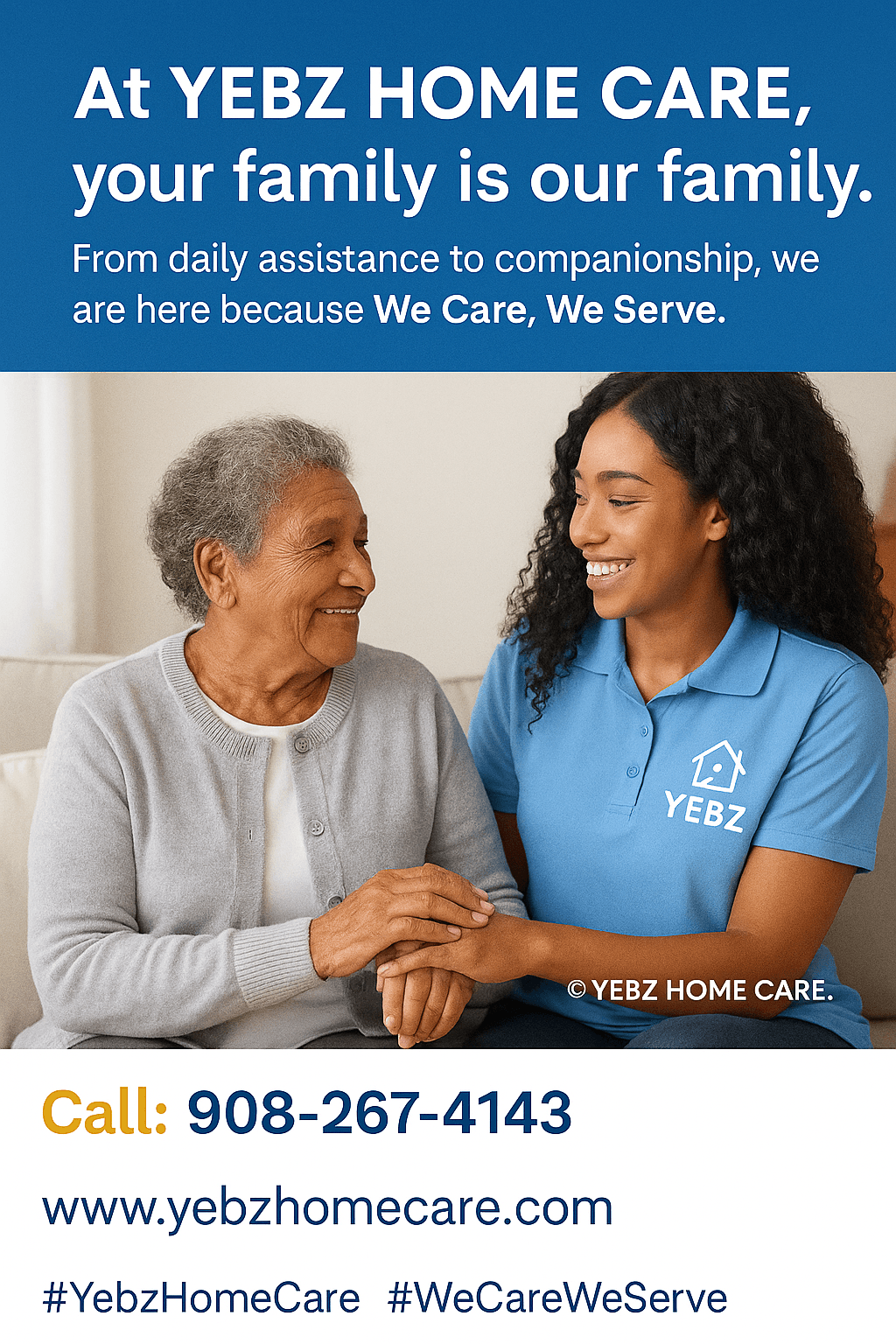 Elderly woman and young caregiver smiling and holding hands, wearing blue uniform with YEBZ logo, against blue background.