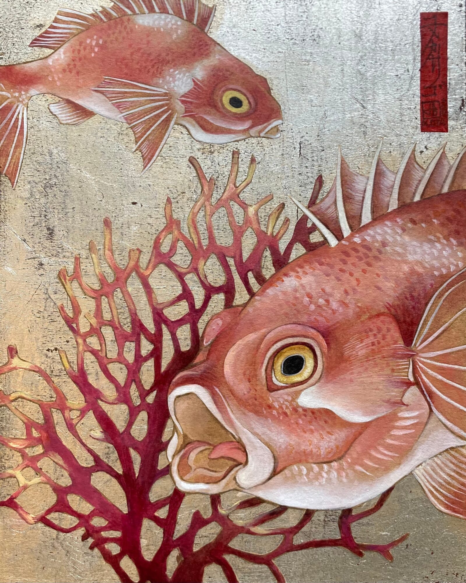 Two fish swimming near red coral, one fish with mouth open, background textured, vertical red bar on right side.