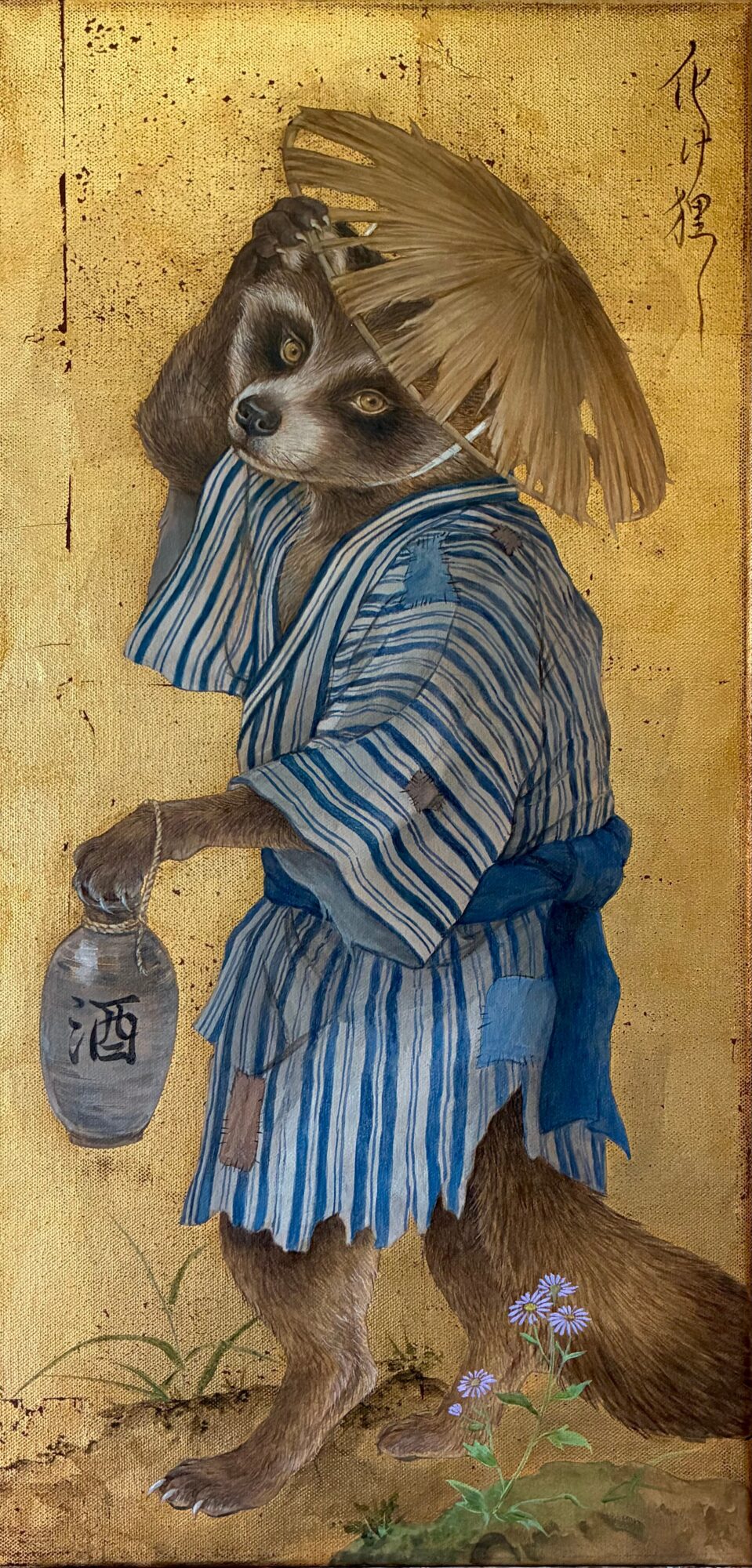 A fox with a dog's face wearing traditional Japanese clothing, holding a sake bottle, standing on grass with flowers.