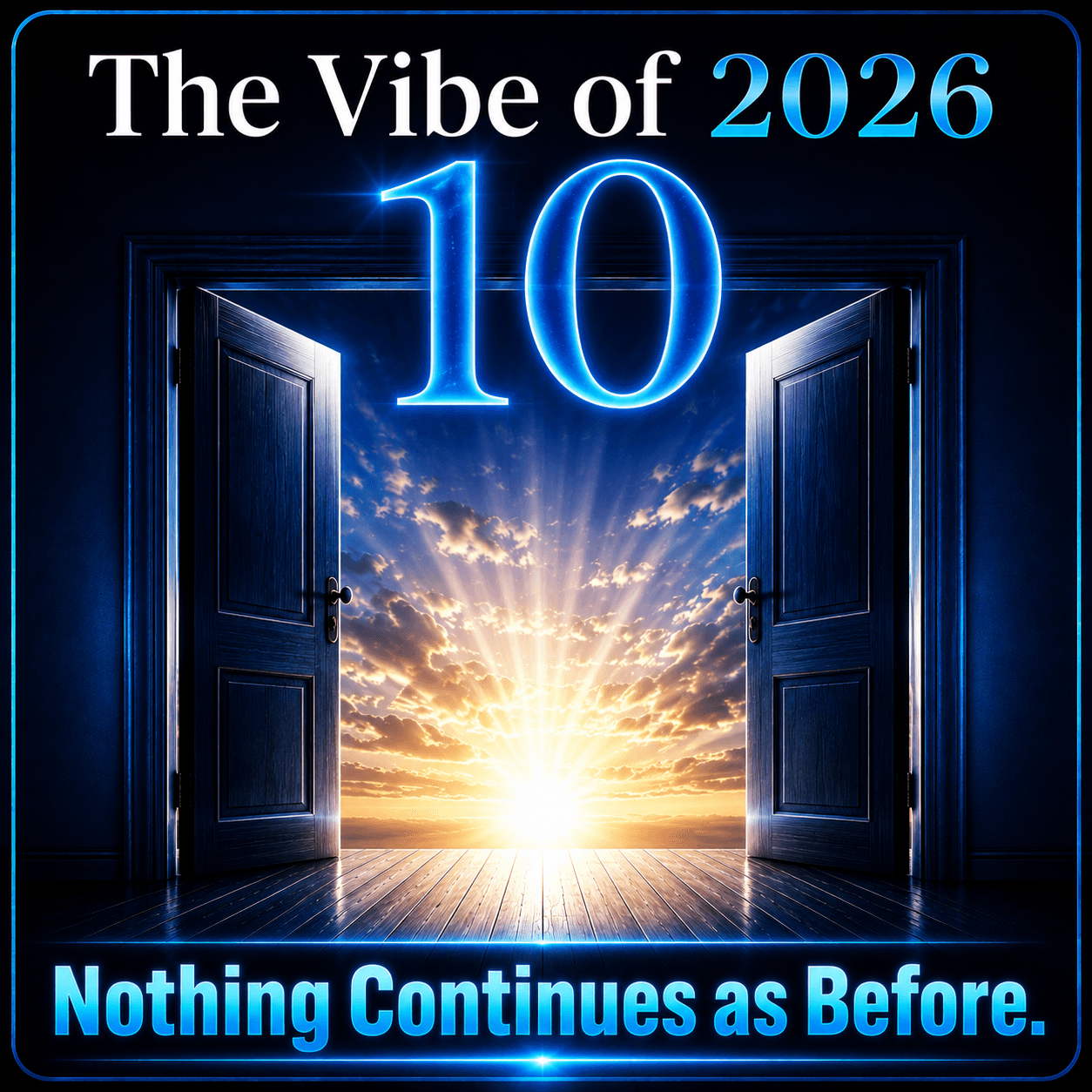 Open doors reveal a sunrise with clouds and light, with text about 2026 and a quote about change.