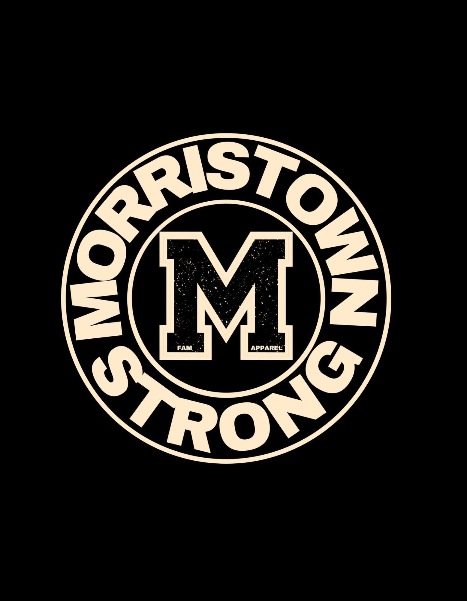 Circular logo with large letter 'M' in the center, surrounded by the words 'MORRISTOWN STRONG' and 'APPAREL'.