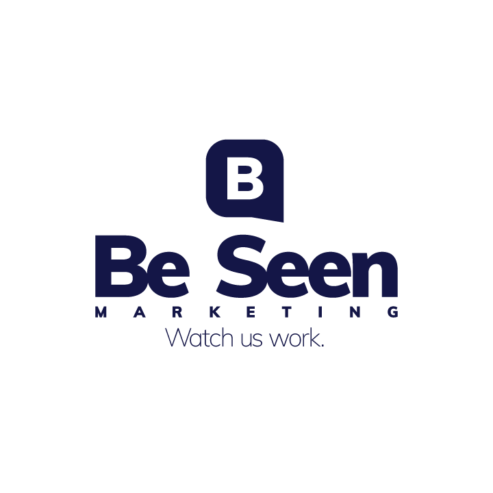 Logo with a speech bubble containing a letter B, text 'Be Seen Marketing', and slogan 'Watch us work.'